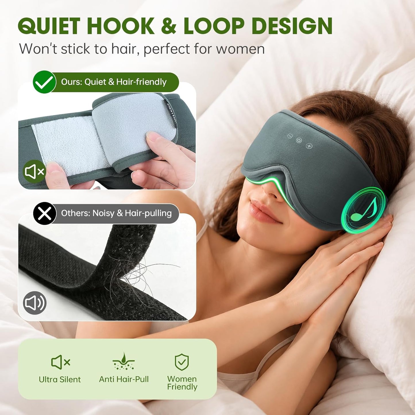 Bamboo Cotton Large Sleep Mask with Bluetooth Wireless Headphones - Blackout Eye Mask for Sleeping 3D Contoured Sleep Eye Cover Headband Ear Plugs Low Noise Hook for Men Women Better Experience (Grey)