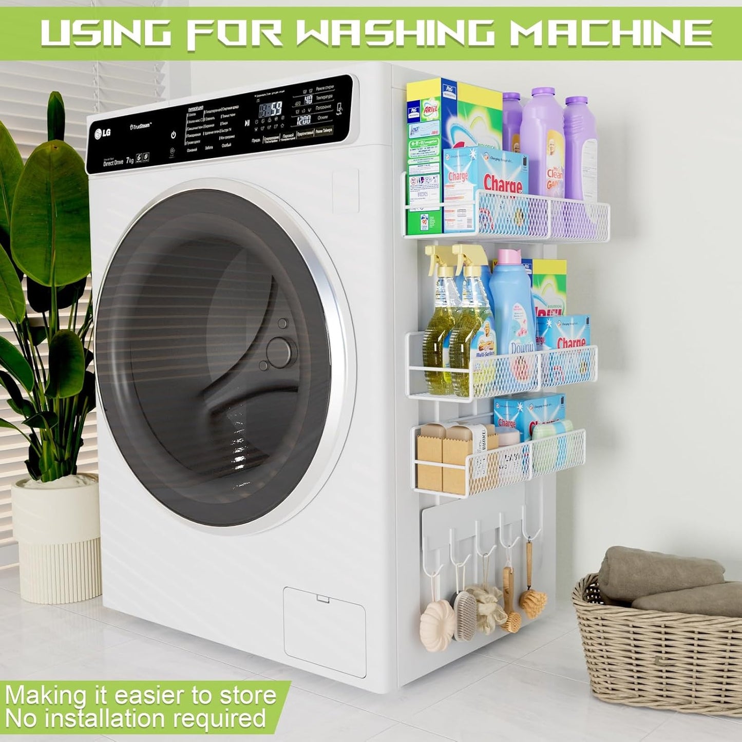 4 Pack Magnetic Shelves for Washing Machine, Heavy-Duty Magnetic Laundry Organizer with Hooks, Washing Machine Shelf for Refrigerator, Metal Storage Baskets, Closet & Laundry Room Organization(White)