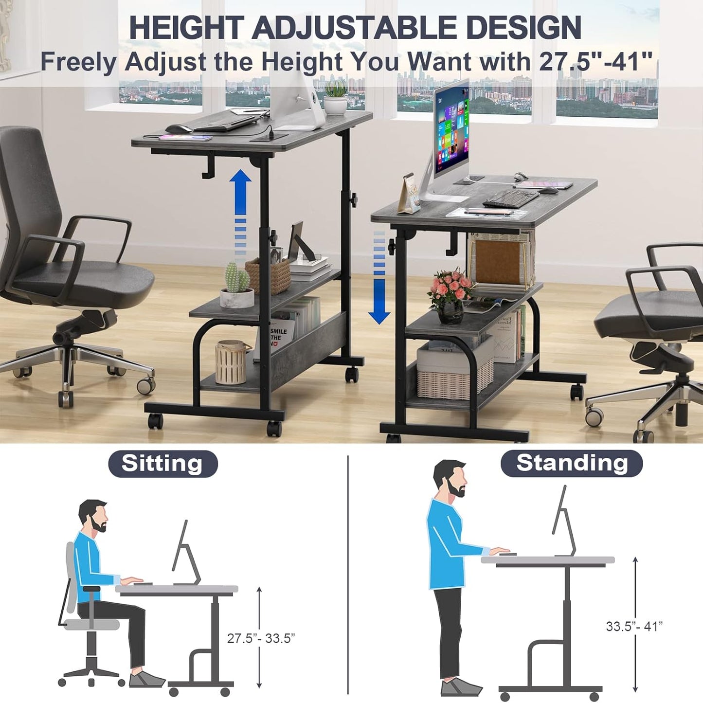 Armocity Rolling Standing Desk with Charging Station, Portable Height Adjustable Mobile Computer Desk with Wheels & 2-Tier Shelves & Hooks, Easy Assembly Laptop Table for Couch Bed, 32" Grey Oak