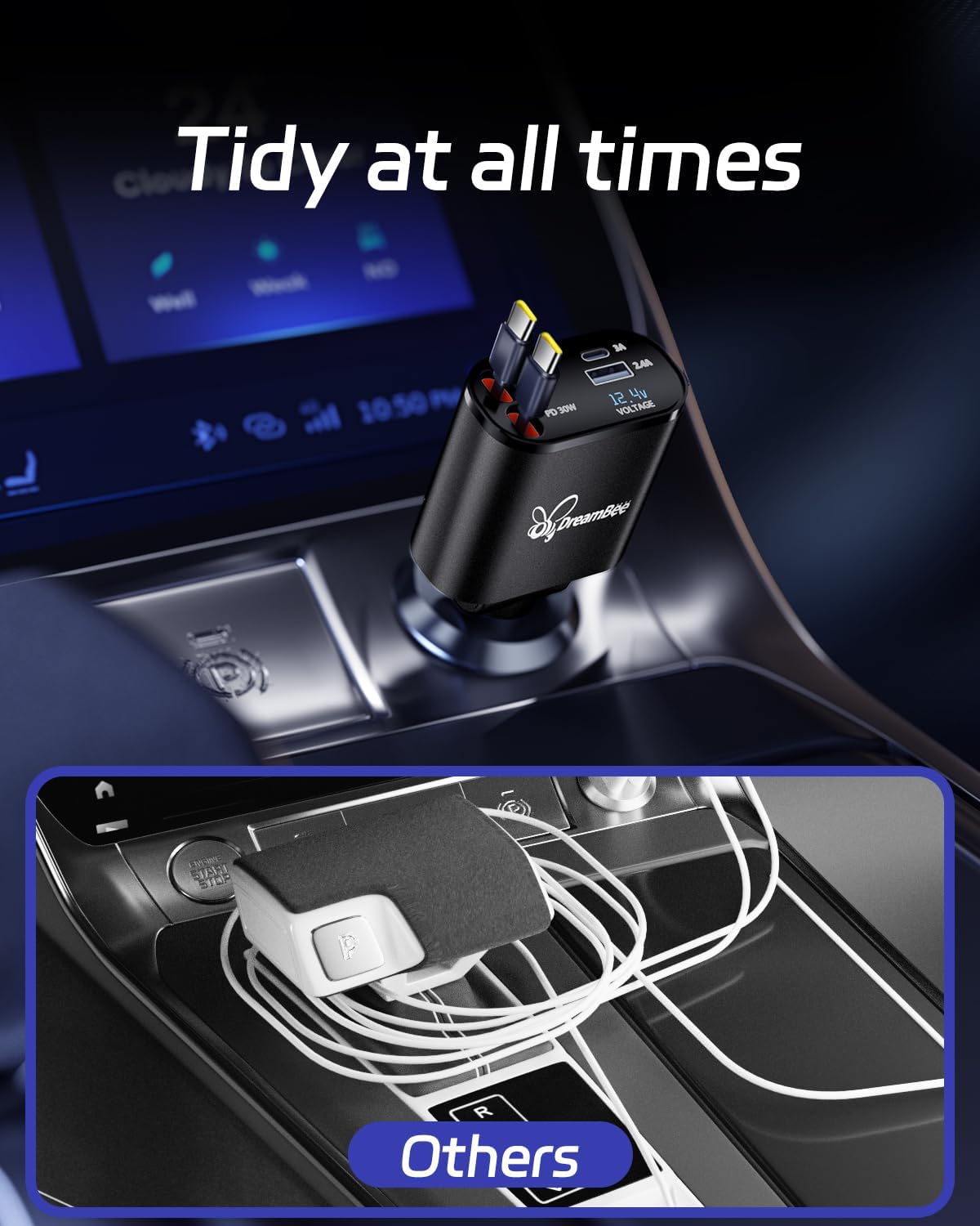 DreamBee Retractable Car Charger,66W Super Fast USB Car Phone Charger,Dual TypeC Retractable Cables Gifts for Men Women Car Truck Accessories for Samsung Galaxy S23+/S23,iPhone 17/16/15/ Pro Max, iPad