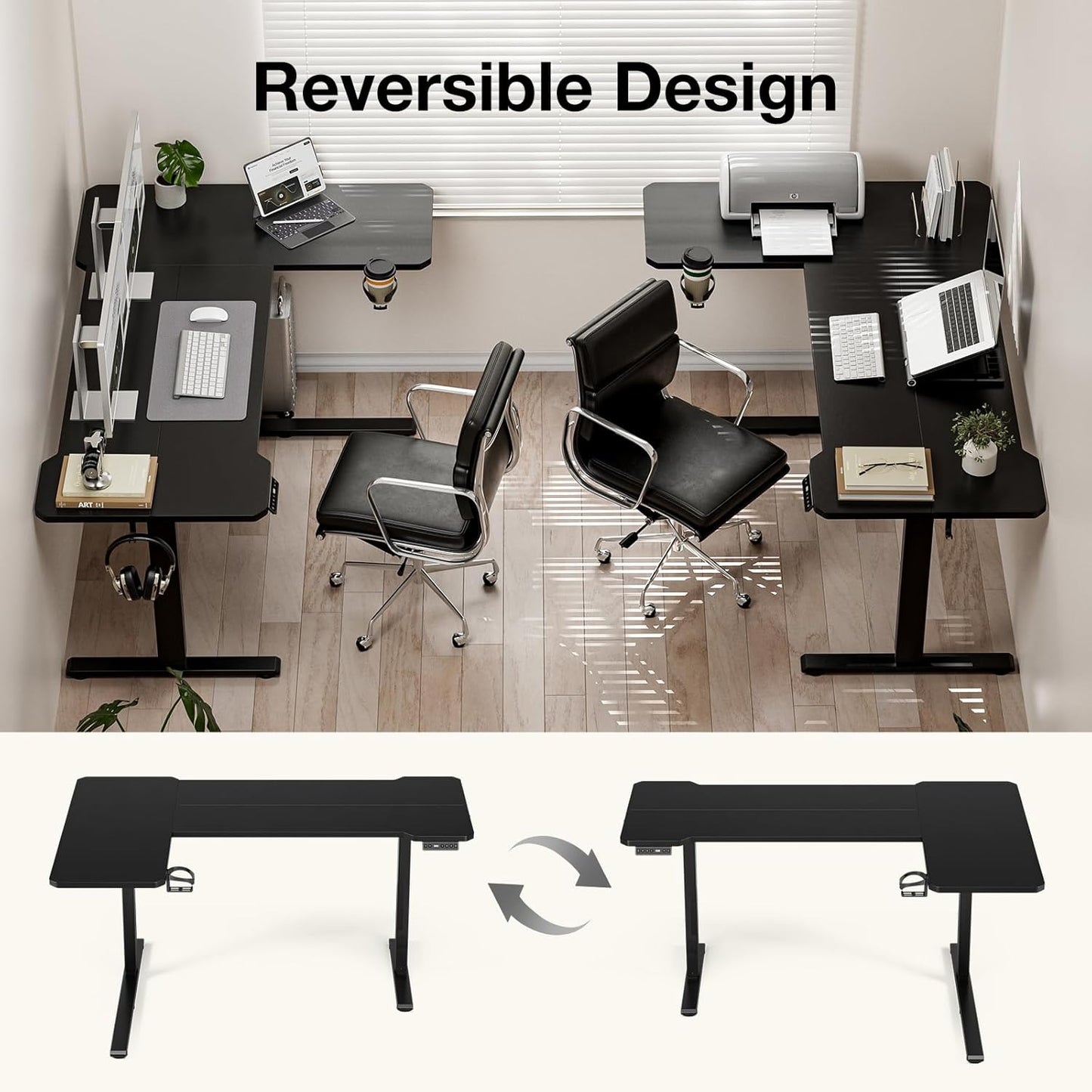 Acrolix L Shaped Electric Standing Desk - 59x40 Inch Reversible Corner Sit Stand Desk with Hook&Cup Holder,Electric Height Adjustable Table,for Home Office Gaming Computer Desk, Black