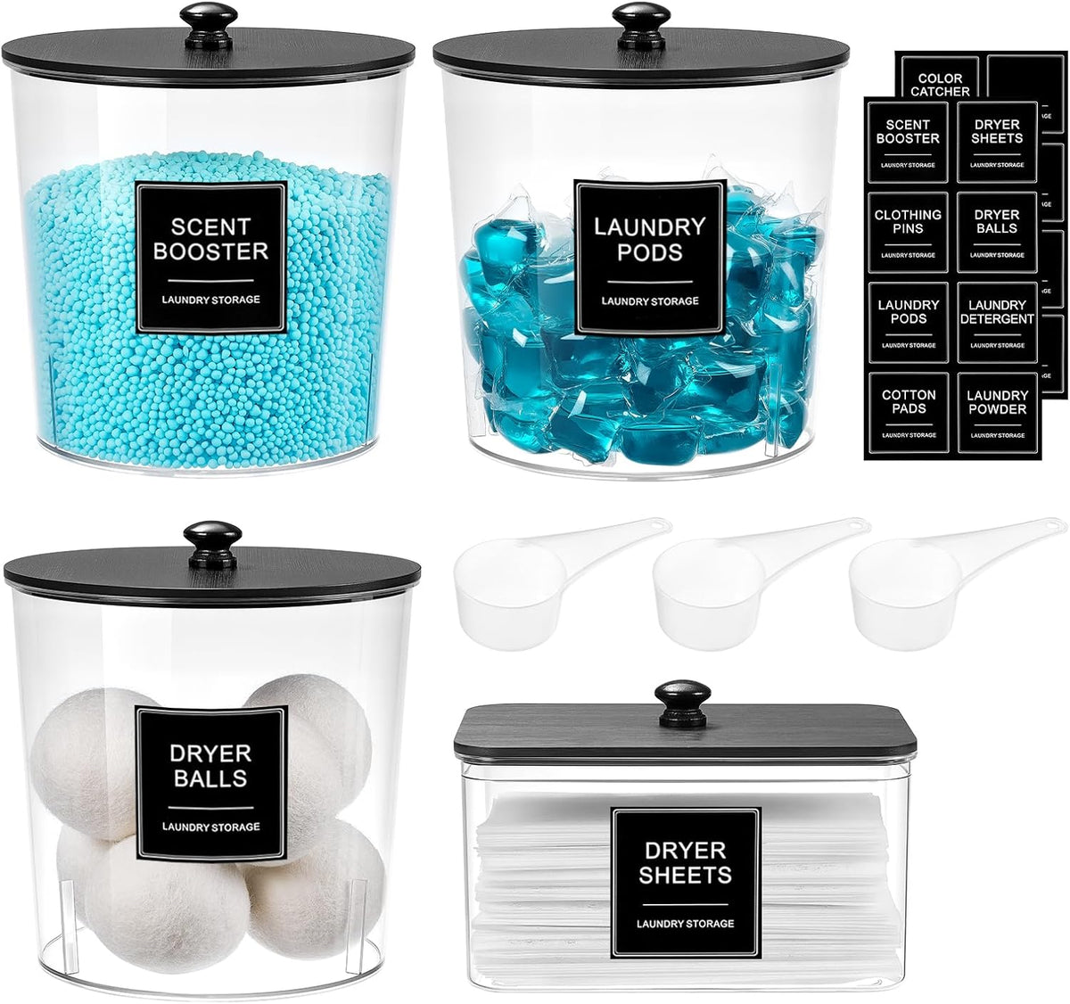 Laundry Pods Container & Dryer Sheet Holder, Laundry Room Organization and Storage Jars with Lids, Labels & Scoops for Powder Detergent Scent Booster