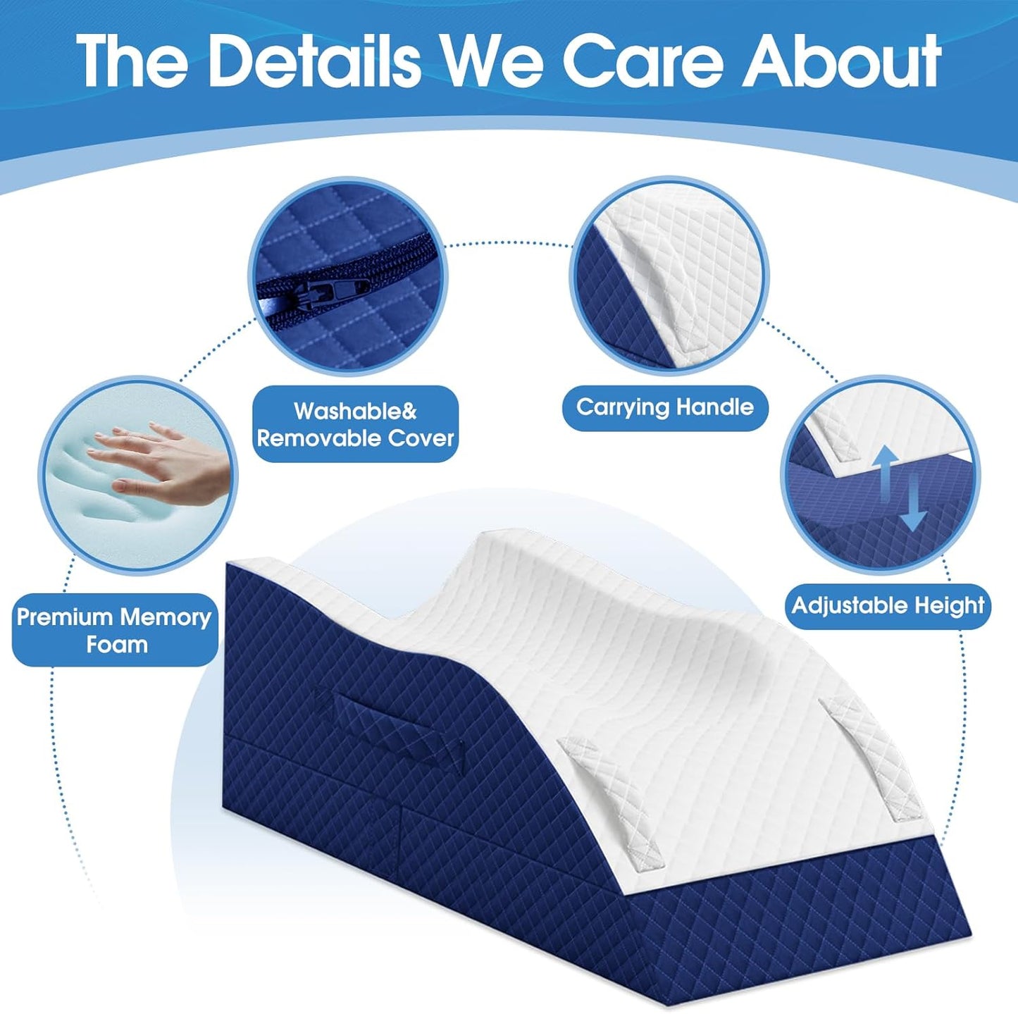 TranquilRelax Elevation Pillows for Leg After Surgery, Memory Foam Adjustable Wedge Pillow for Injury or Rest, Ankle Pillow for Sleeping Blood Circulation, Blue/Single Leg