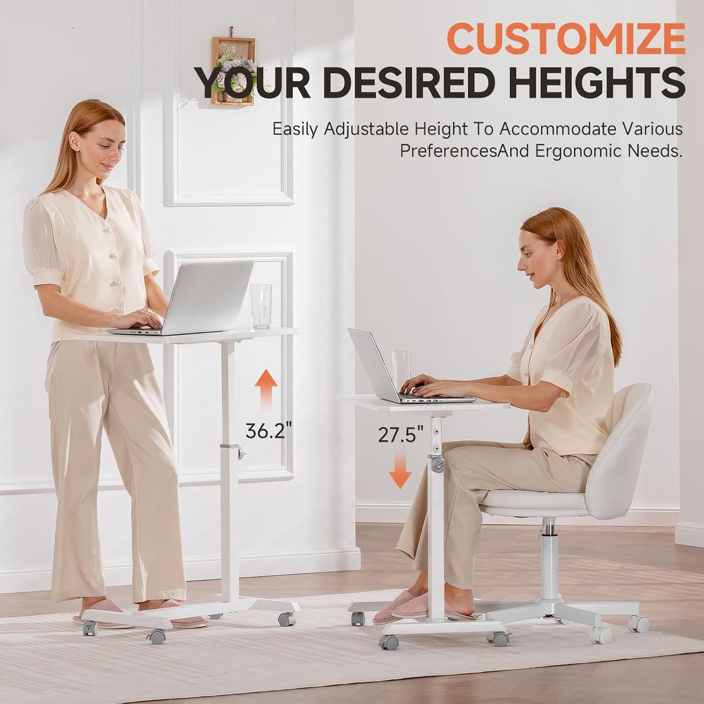 GTPLAYER Small Standing Desk, 24 Inches Mobile Rolling Laptop PC Table with Lockable Casters, Adjustable Height Overbed Bedside Table Computer Workstation for Home Office, White-Fixed