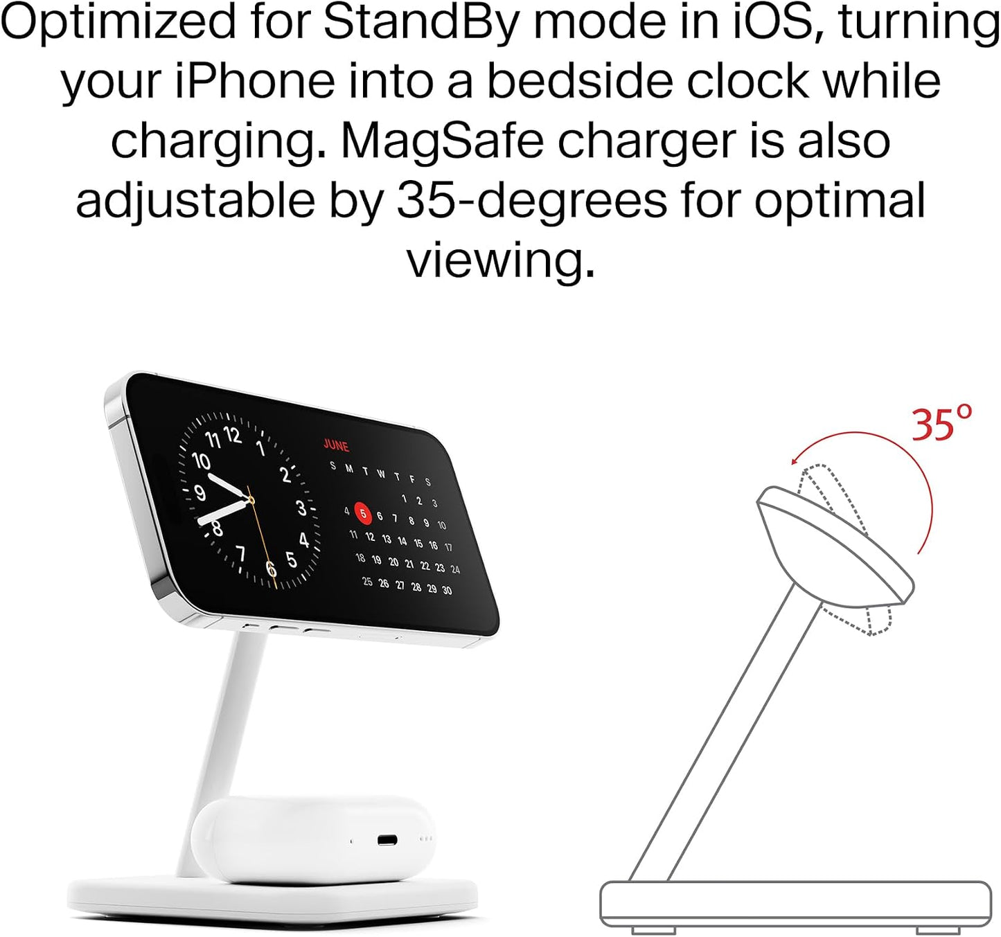 Twelve South HiRise 2 Deluxe 2-in-1 Wireless Charging Station, White | The Qi2 magnetic arm delivers 15W to your iPhone while the 5W base tops up AirPods Pro; tilts 70 degrees for StandBy mode.