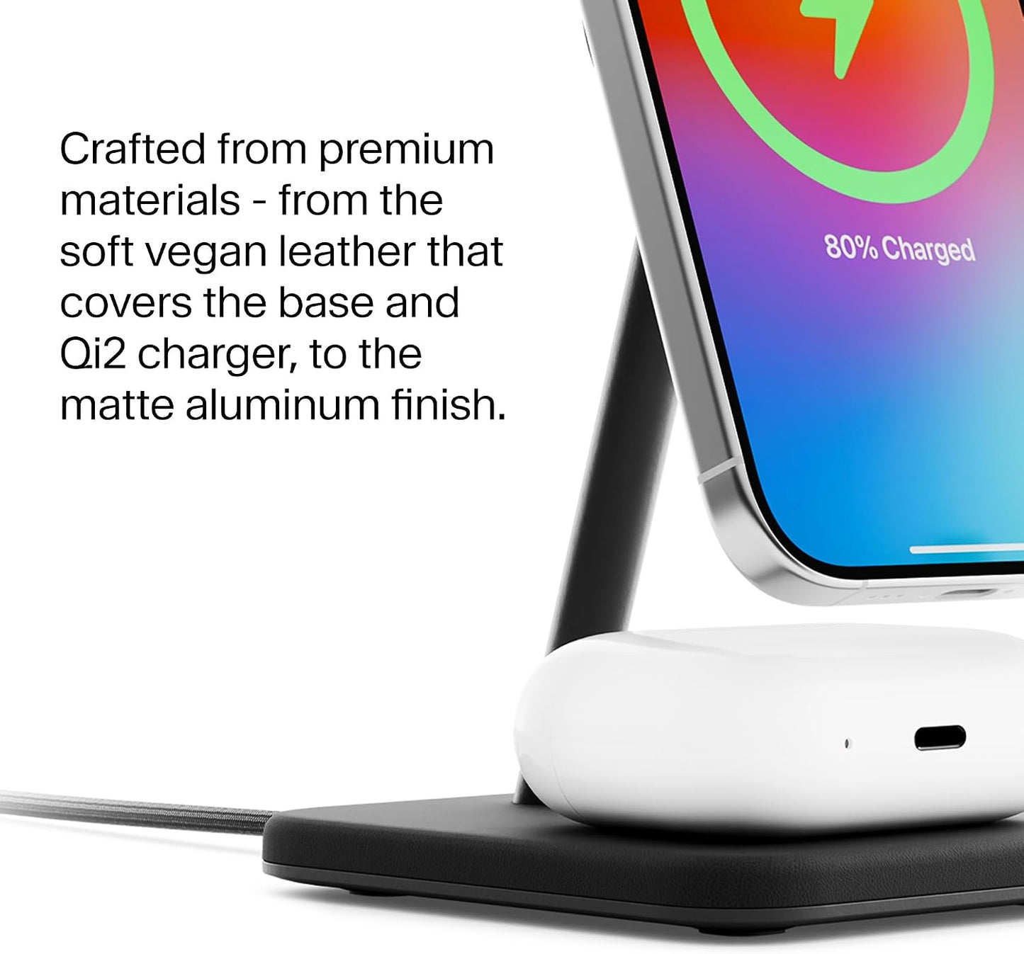 Twelve South HiRise 2 Deluxe 2-in-1 Wireless Charging Station, Black | The Qi2 magnetic arm delivers 15W to your iPhone while the 5W base tops up AirPods Pro; tilts 70 degrees for StandBy mode.