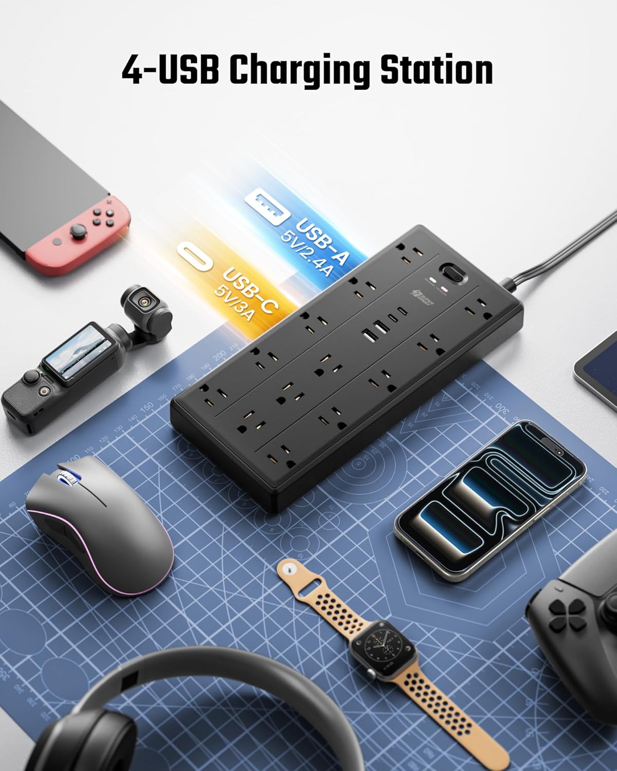 10Ft Extension Cord with Multiple Outlets, Flat Plug Power Strip with 2100J Surge Protector, 13 Outlets, 2 USB A, 2 USB C, Desk USB Charging Station, Home Office, College Dorm Room Essentials, Black