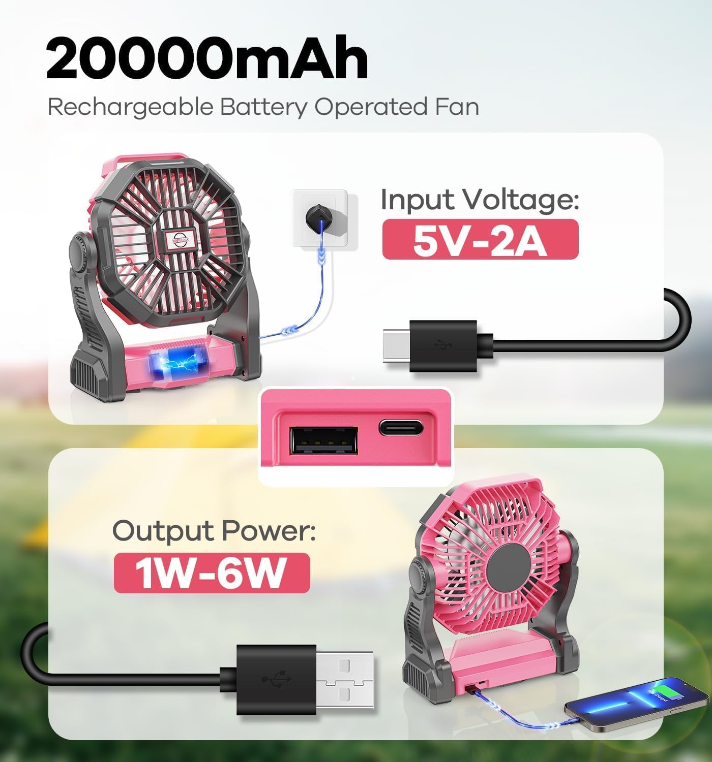 DOWILLDO 20000mAh Portable Battery Powered Camping Fan - with LED Light, Quiet Battery Operated, Camping Gear for Travel, Tent, Beach, Car or Hurricane Power Outages, Pink