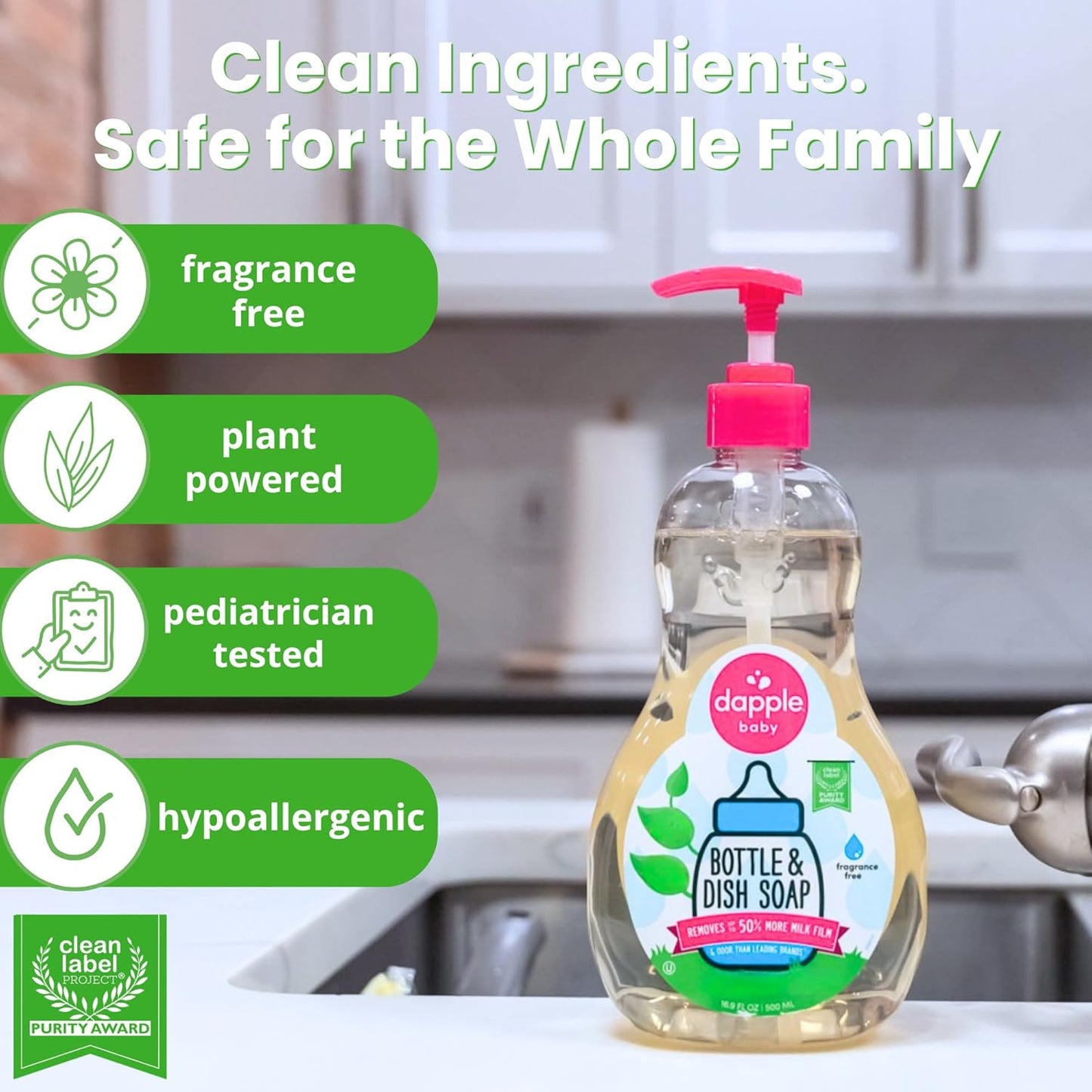 Dapple Baby Fragrance Free Bottle & Dish Soap - (3 Pack) 16.9 fl oz - Cleans Baby Bottles, Sippy Cups, Pacifiers, Breast Pumps, & More - Gently Removes Milk Film & Odors - Includes 1 Pump