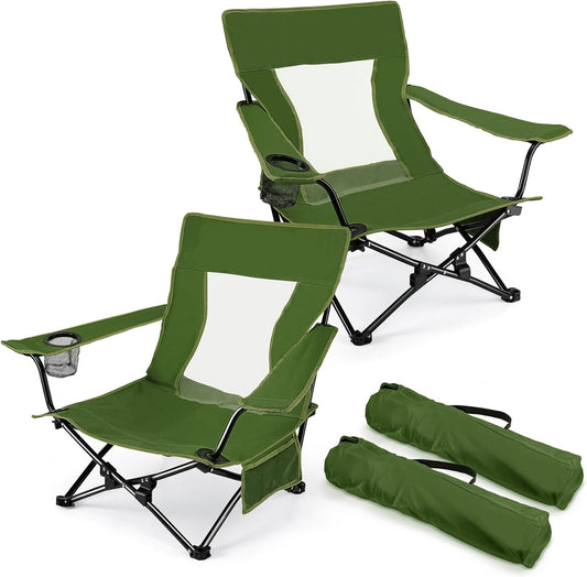 Joyfair Beach Camping Chair (2 Pack), Outdoor Folding Chair for Adults, Heavy Duty Portable Chair for Outside Fishing, Lawn, Sport, Patio, Armrest Cup Holder & Storage Pocket, Carry Bag (Green)