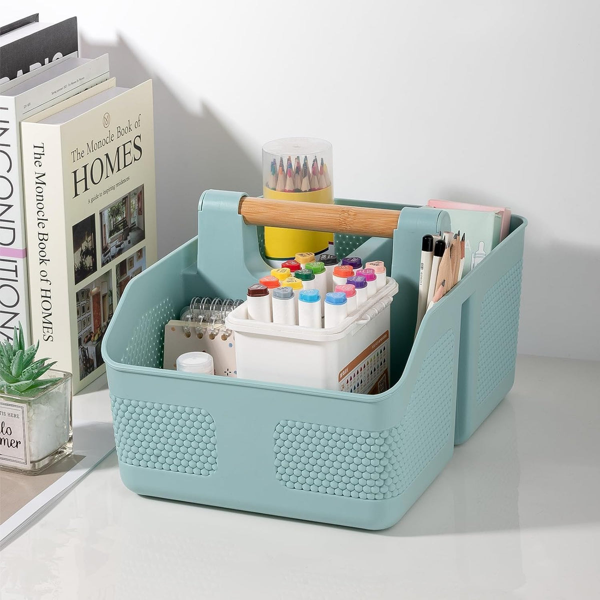 rejomiik Shower Caddy Portable with Bamboo Handle, Plastic Basket Cleaning Caddy Organizer Storage Tote for Bathroom, College, Dorm Room Essentials, Blue