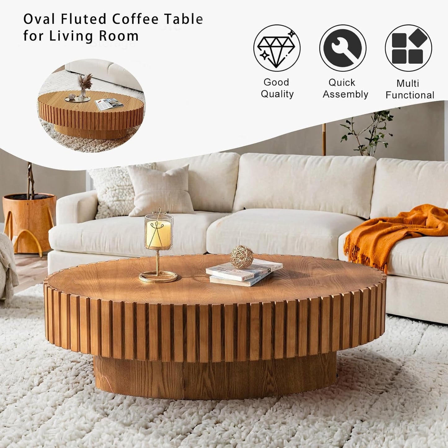 43.3" Oval Coffee Table for Living Room (Wood) | Oval Drum Fluted Coffee Table, Modern Handcrafted Fluted Drum Coffee Tables for Living Room