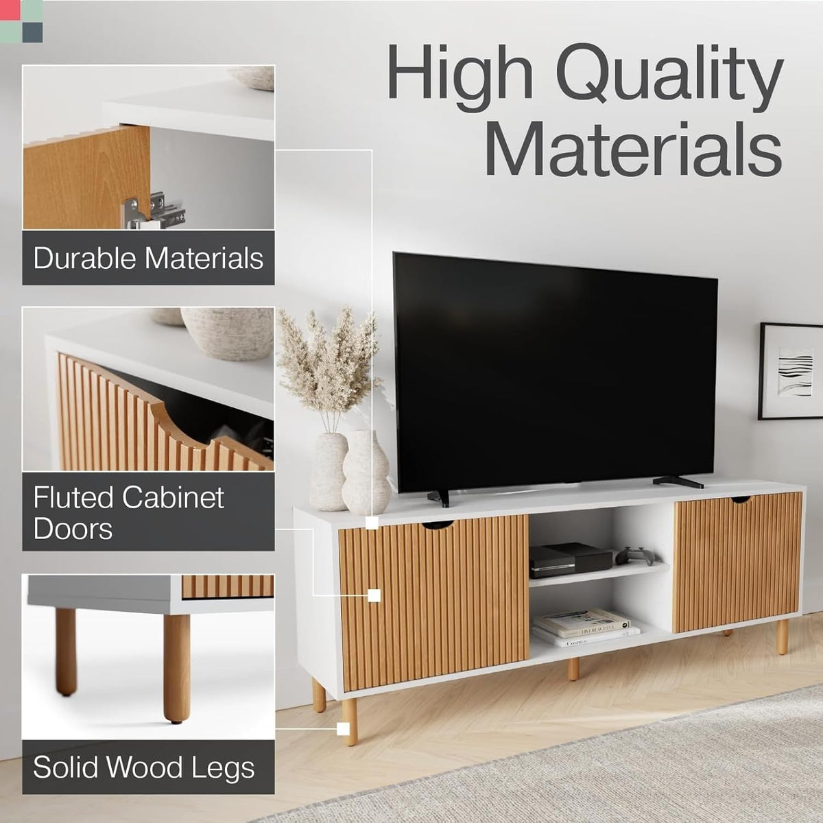 Stead Fluted TV Stand - Media Console & Console Table with Cord Management - Soft-Close Doors & Adjustable Shelves Storage Cabinet - Living Room Entertainment Center - 70-Inch White & Oak