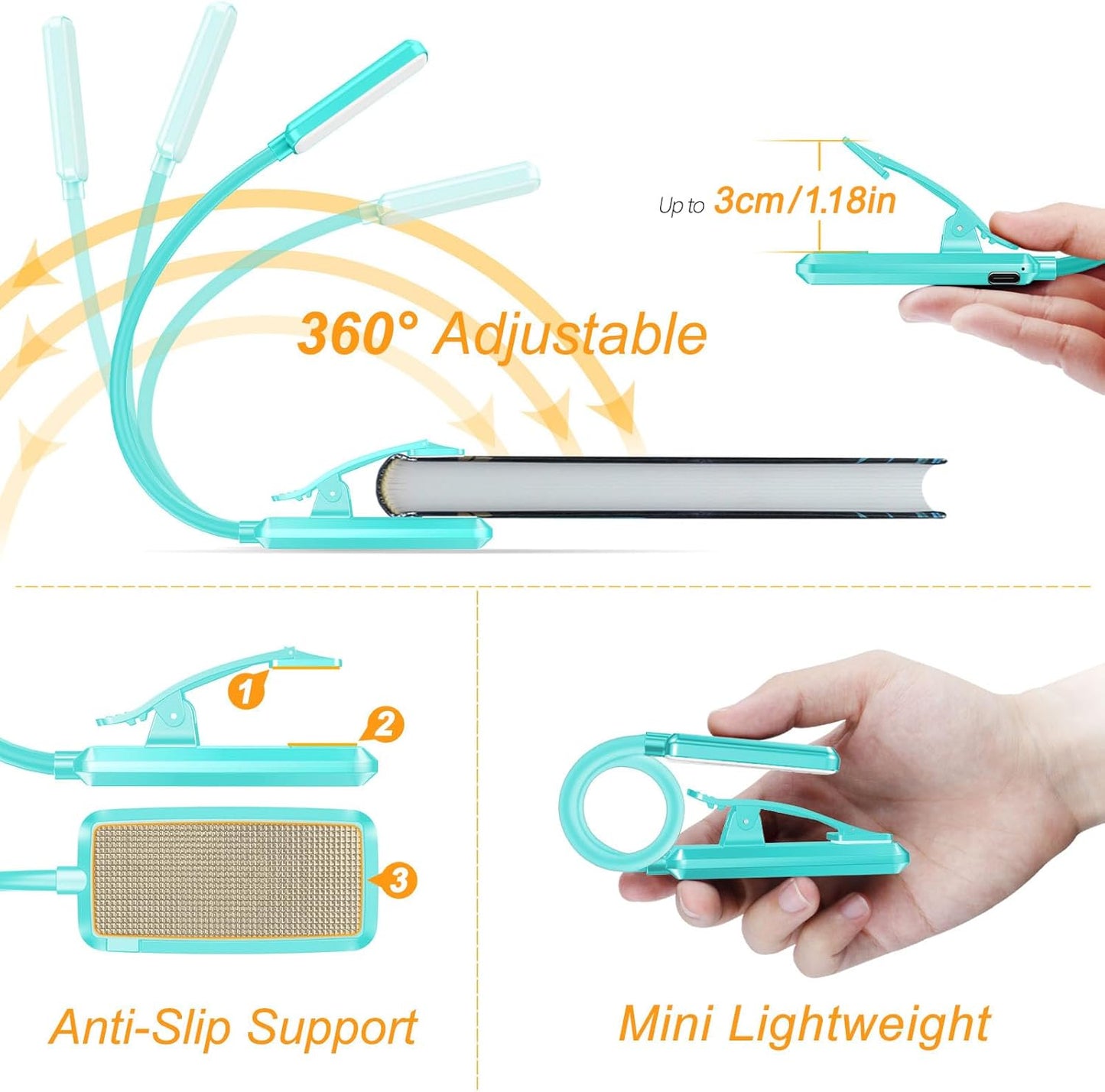 Gritin 9 LED Rechargeable Book Light for Reading in Bed - Eye Caring 3 Color Temperatures,Stepless Dimming Brightness,80 Hrs Runtime Small Lightweight Clip On Book Reading Light for Studying -Blue