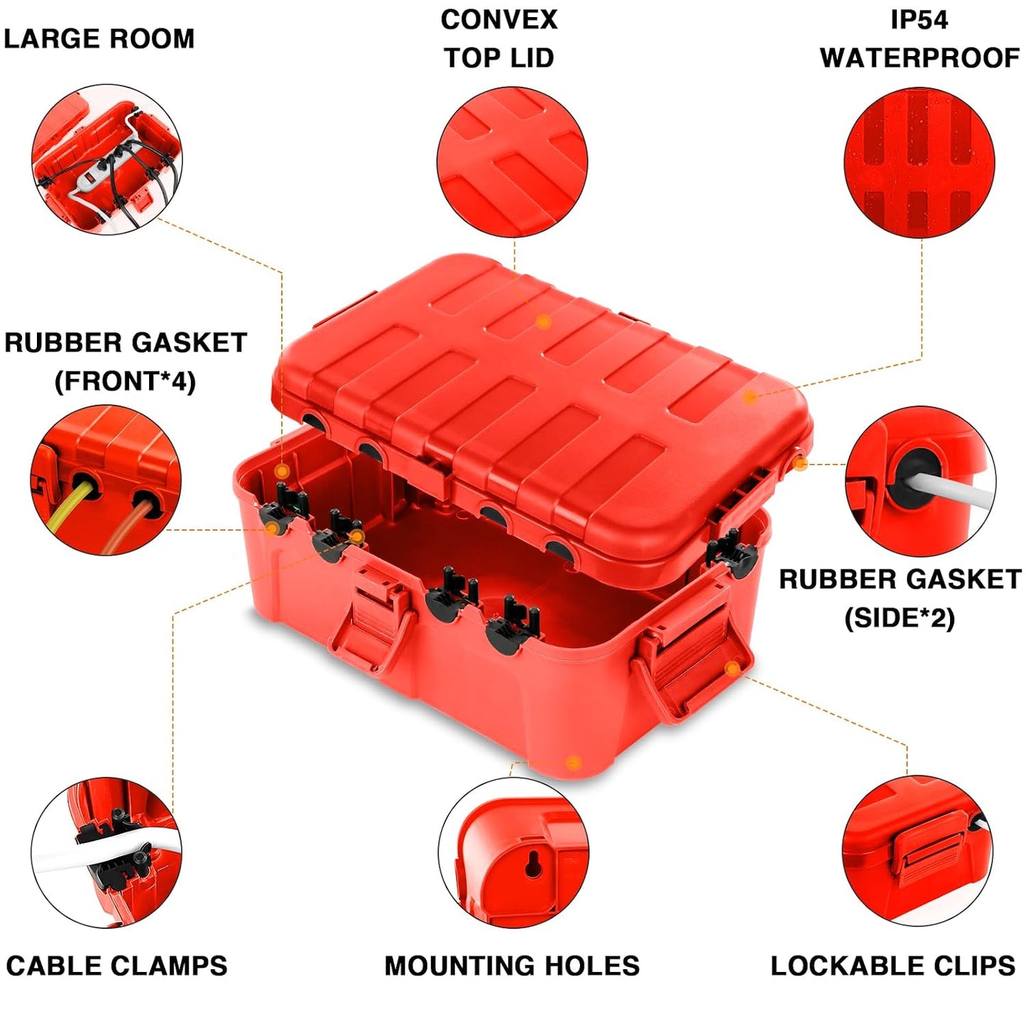 Flemoon Large Outdoor Electrical Box, Waterproof Extension Cord Cover | Inner Size 12 x 7.4 x 3.9 Inch, 6 Cable Entry Ports, IP54 Weatherproof Connection Box for Outlet, Timer, Holiday Light, Red