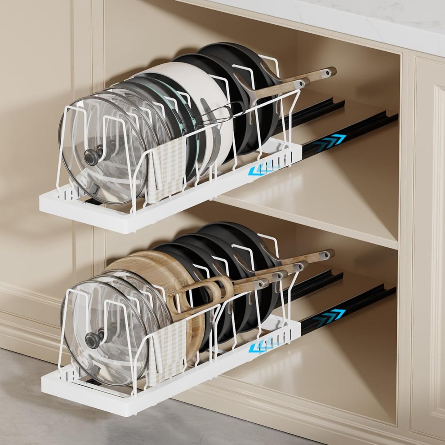 Magheo 2 Pack Pots and Pans Organizer Under Cabinet, 22" Deep Expandable Pull Out Pot Lid Organizer and Storage with 10 Adjustable Dividers No Drill Pot and Pan Holder Rack with Handle Bracket(White)
