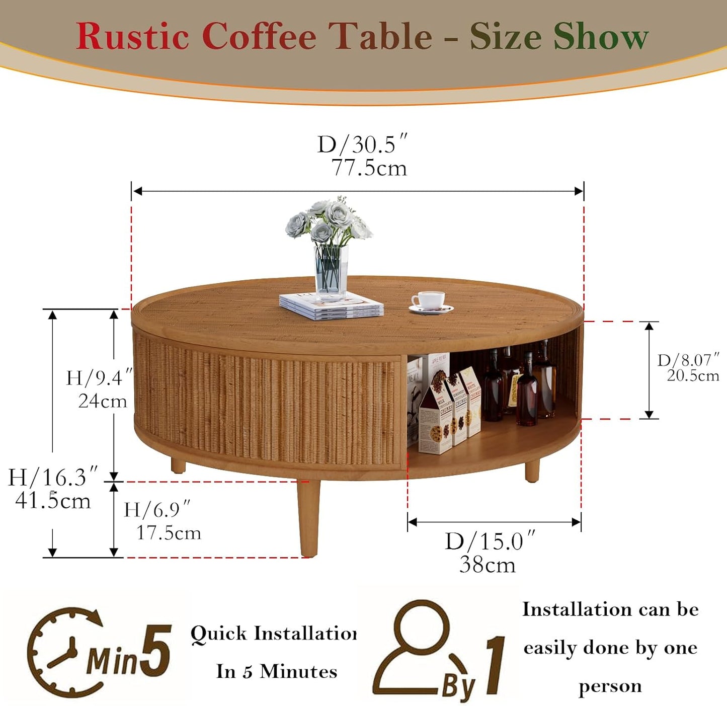 30.5in Rustic Round Coffee Table with Storage (Bamboo Woven 30.5in) | Circular Farmhouse Bamboo Center Tables with Anti-Skid Solid Wood Legs, for Living Room