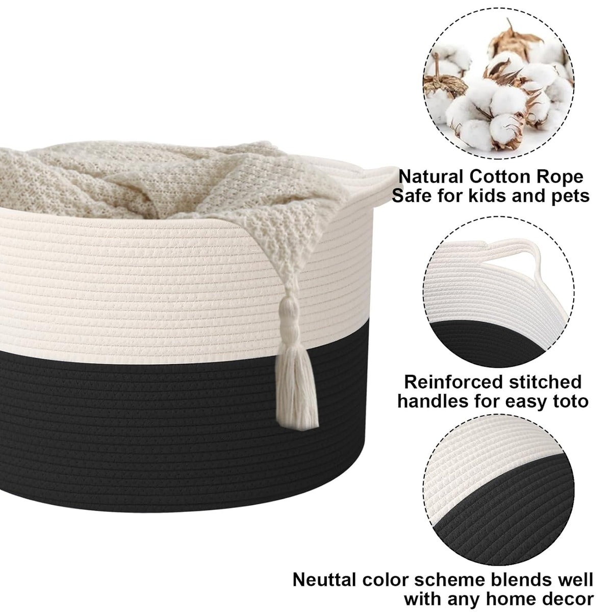 65L Large Blanket Basket,Woven Rope Laundry Basket-White&Black | Collapsible, reinforced handles, nursery storage bin organizes clothes, toys and pillows for living room, bedroom bathroom