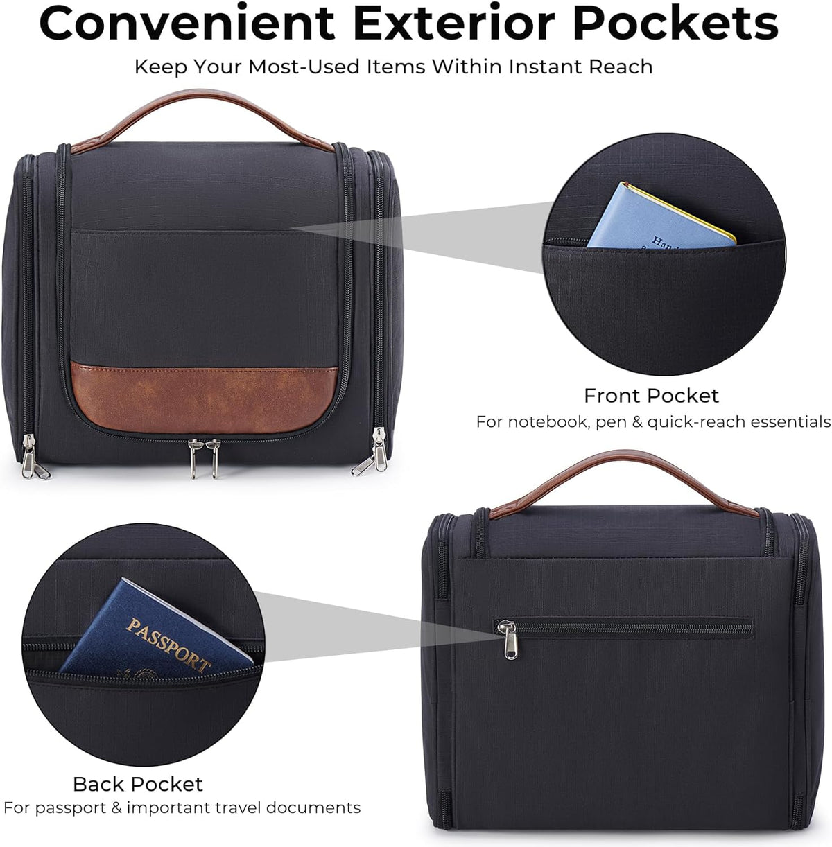 Ralnitote Large Hanging Toiletry Bag for Men, Travel Bathroom Bag with Hook, Hygiene Bag Organizer for Shower, Shaving & Grooming Essentials, Black