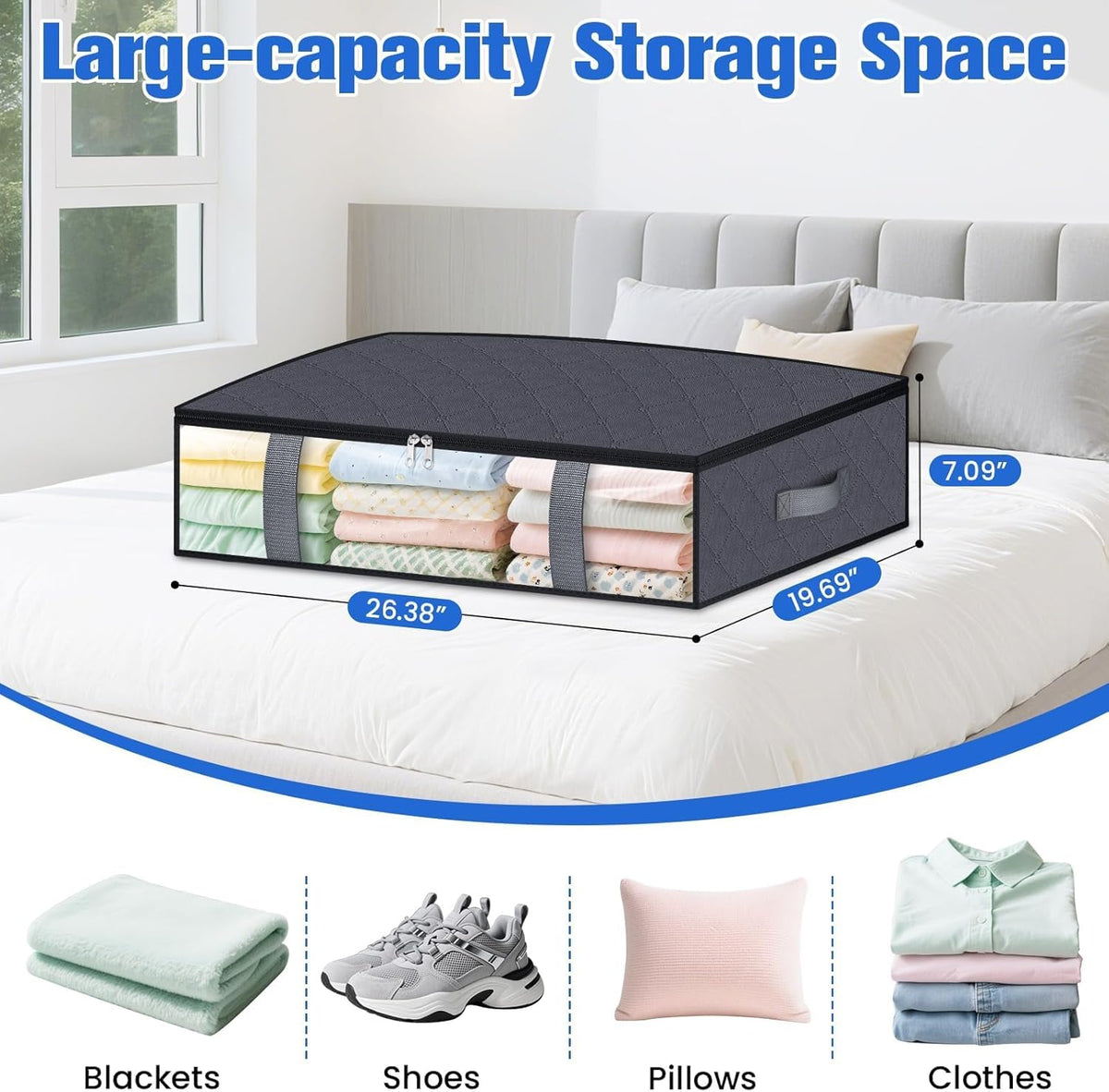 TasticTotes Under Bed Storage Containers, 4 Pack Blanket Storage Bags, Collapsible Storage Bags with Big Zippers, Clear Front, Shoe Storage and Organization for Clothes, Comforter, 60L, Grey
