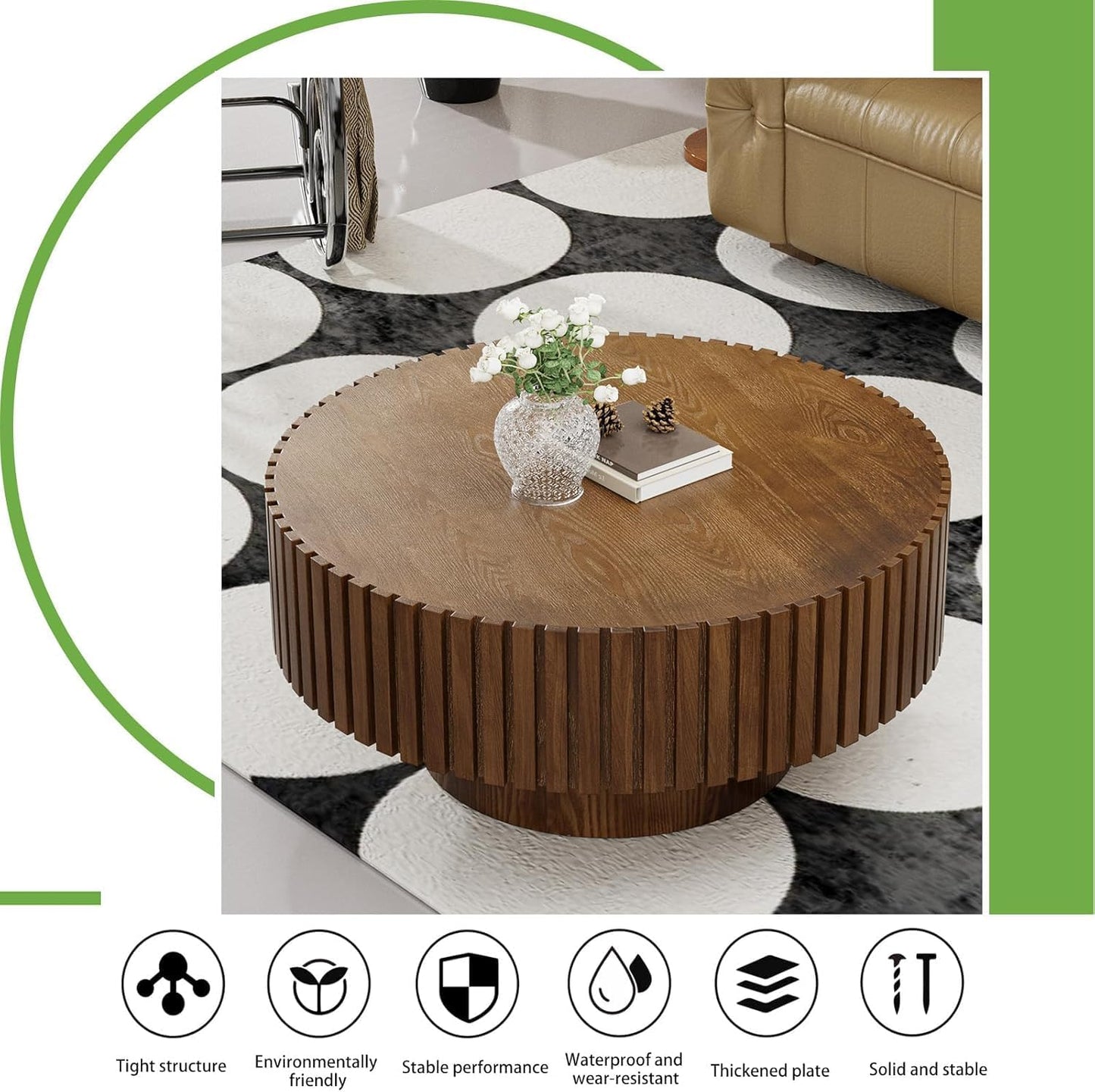 Artisan-Crafted Round Fluted Coffee Table (Walnut 31in) | Solid Wood Drum Base with Detailing, Handmade Circular Centerpiece for Living Room, Rustic Modern Home Decor
