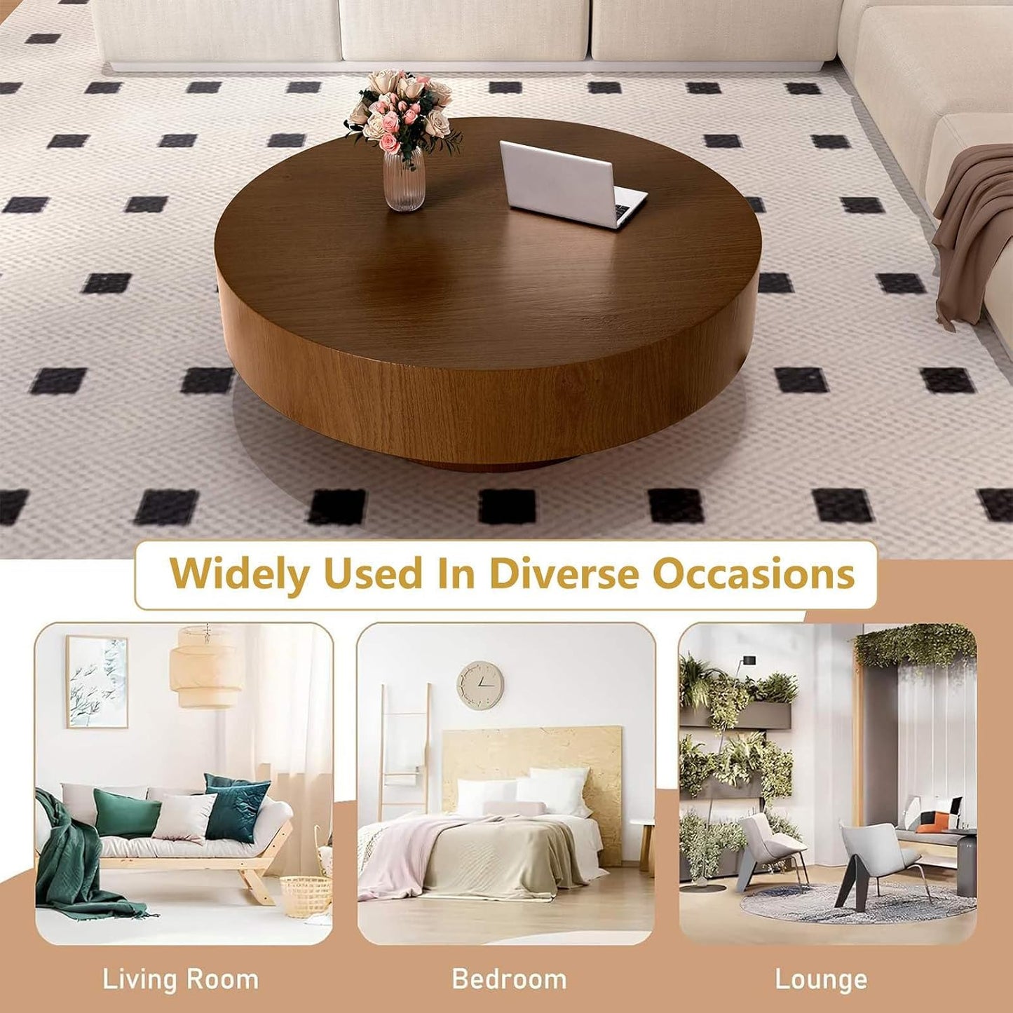 Modern Drum Round Coffee Table Wood for Living Room (D39.37IN) | Mid Century Aesthetic Low Coffee Tables with Wood Pattern Decal and Sturdy Pedestal, for Apartment Small Space