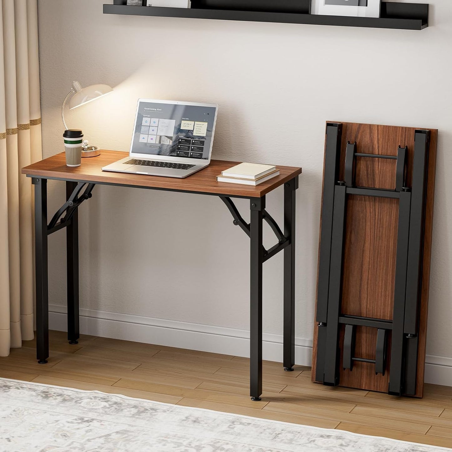 Frylr Small Folding Computer Desk – Portable 35.8 Inch Foldable Laptop Table, No-Assembly, Collapsible and Compact for Easy Storage, Lightweight for Small Spaces, Craft and Study Use, Dark Walnut