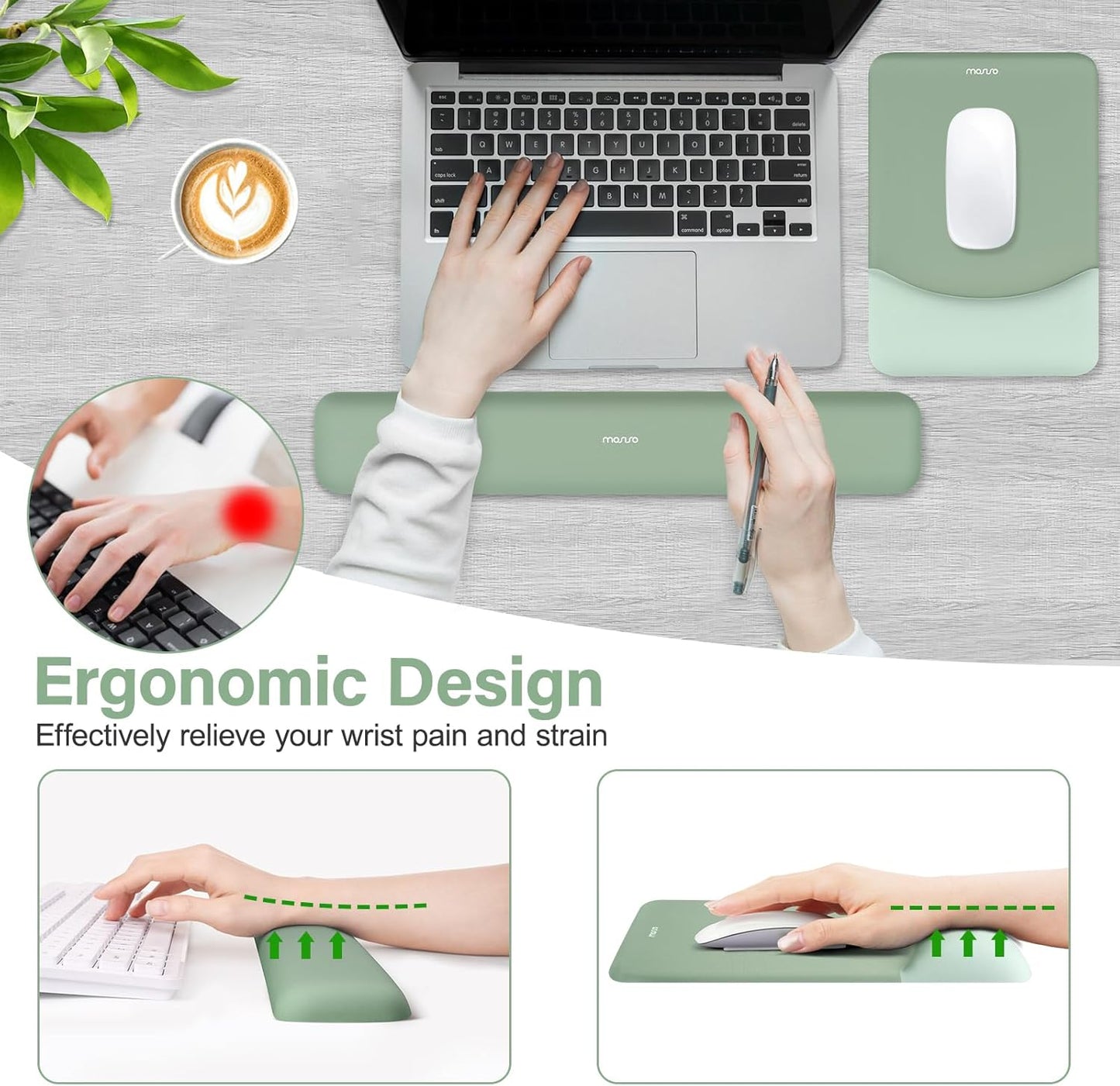 MOSISO Keyboard Mouse Pad Set, Large Gaming Mouse Pad&Rectangular Keyboard Wrist Rest&Mousepad with Wrist Rest&Coaster, Ergonomic Non-Slip&Easy Typing Pad with Curved Silicone Lining, Antique Green