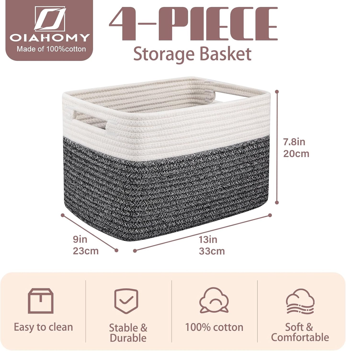 OIAHOMY 4 Pack Storage Basket, 13"x9"x7.8" Cotton Rope Baskets for Shelves, Closet Organizer for Bedroom & Living Room, Soft Decorative Bins for Organizing Towels, Books & Toys, Black & White