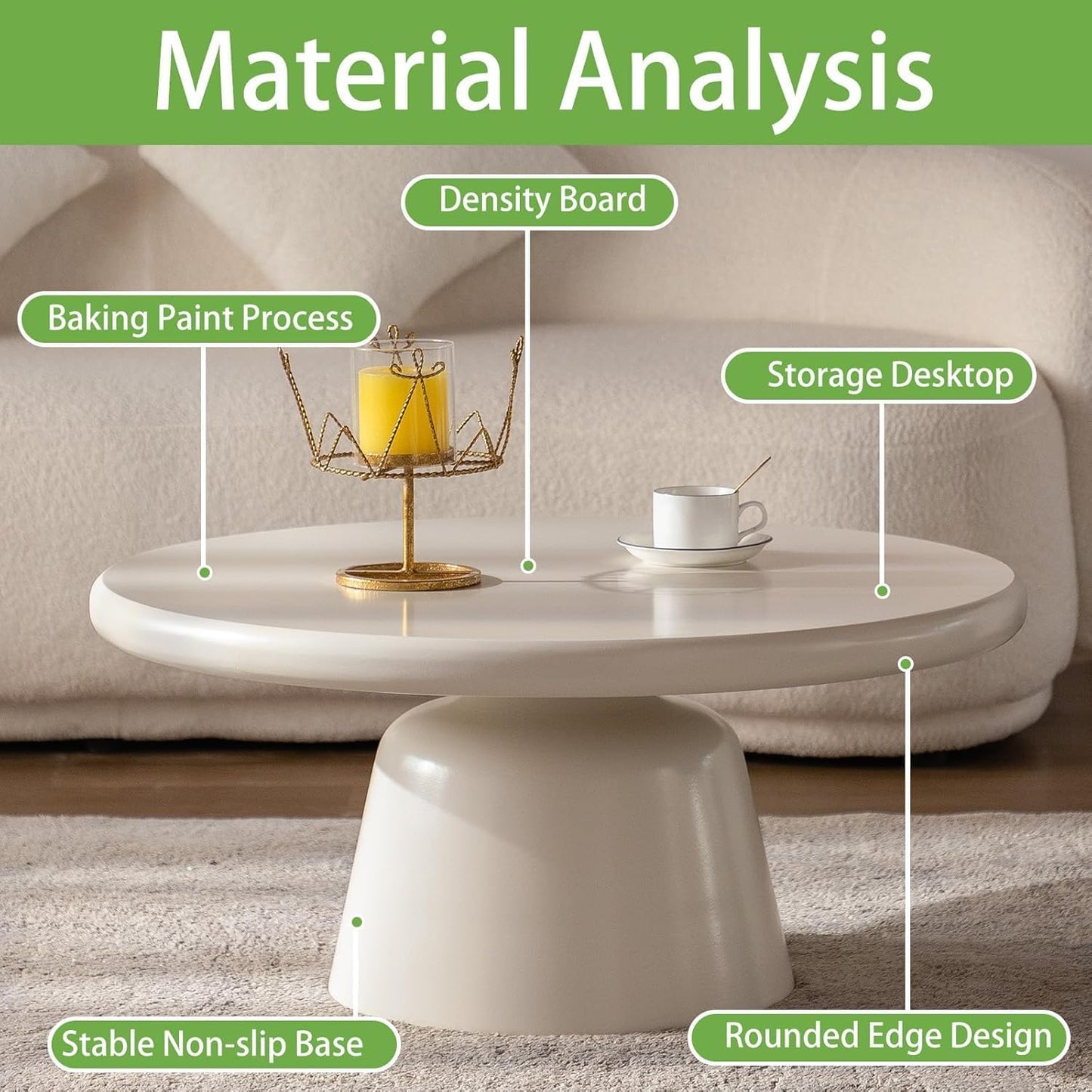 White Round Coffee Table (White 31in) | Cream Irregular Coffee Tables, Unique Pedestal Funky Cute Center with Large Tabletop & Legs, Irregular circular Coffee Table