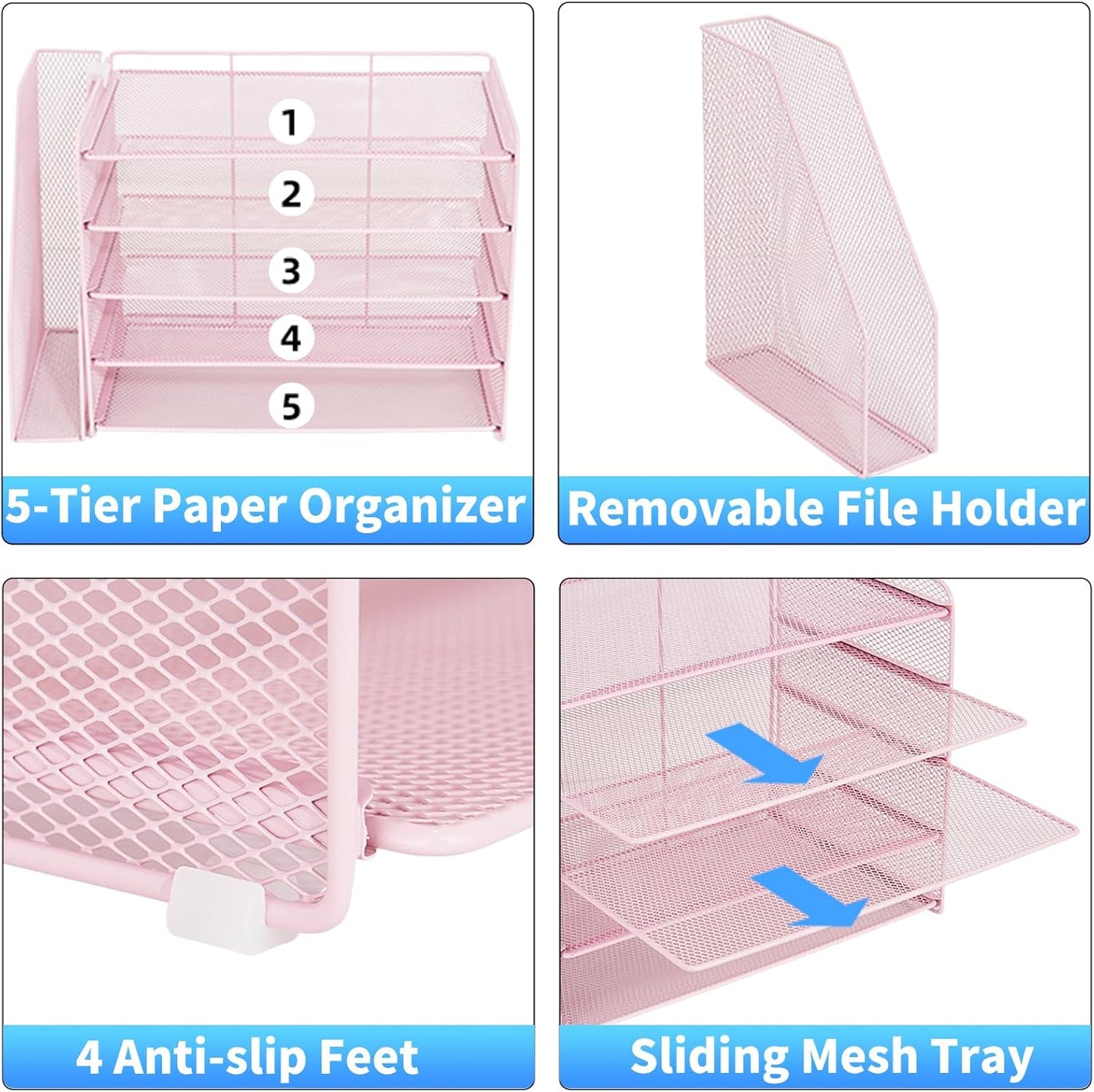 OPNICE Desk Organizer, 5-Tier Paper Organizer Letter Tray with Magazine Holder, Office Desk Accessories & Workspace Organizers, Desktop File Organizer for Office Supplies Storage, Pink