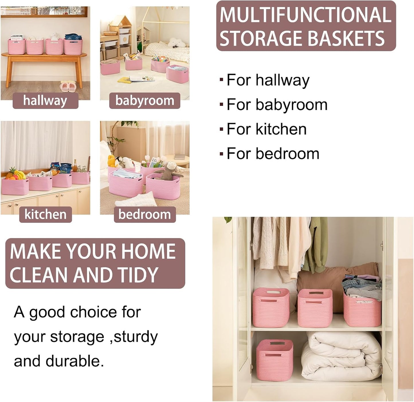 OIAHOMY 4 Pack Storage Baskets for Organizing 15L Cube Storage Bins Pink