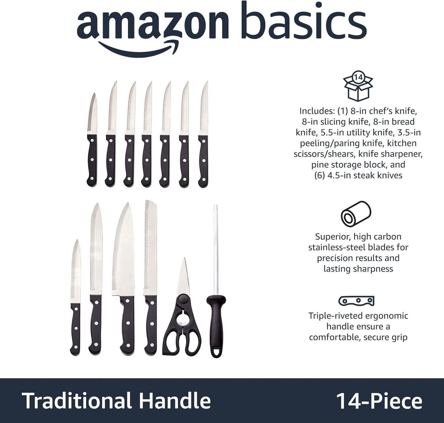 Amazon Basics 14-Piece High Carbon Stainless Steel Kitchen Knife Set with Full Tang Construction, Ergonomic Handles, Sharpener and Pinewood Block, Black