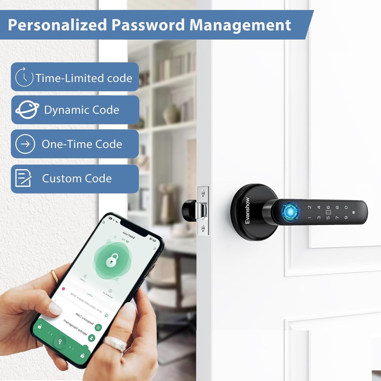 Fingerprint Door Lock Biometric Door Knob with Keypad Keyless Entry, 5-in-1 Door Locks for Bedrooms(Fingerprint/App/Code/Key/IC Card), Home Hotel Office Apartment Black