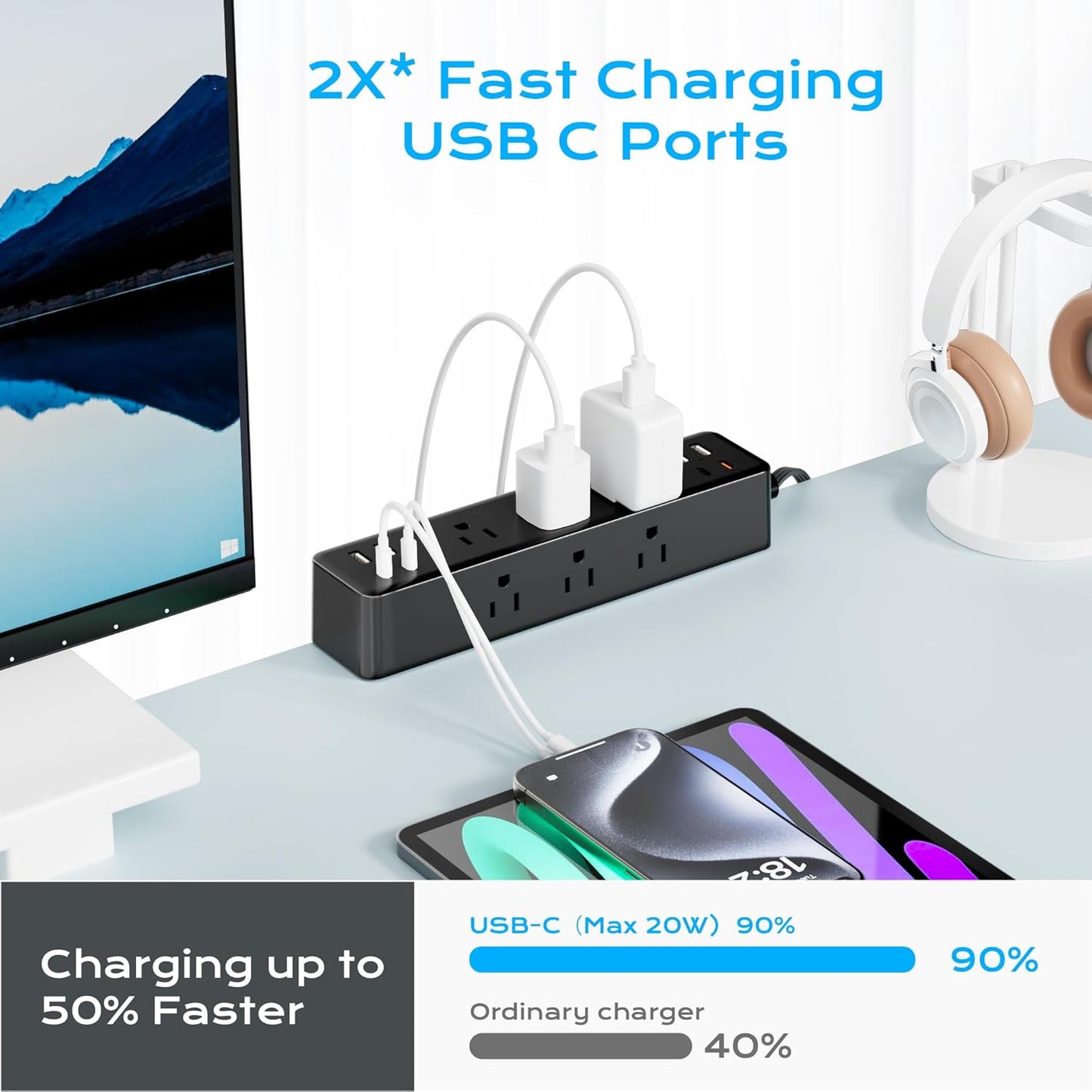 Flat Plug Desk Clamp Power Strip 10FT, 40W Total Fast Charging Station, Dual PD 20W USB C Ports, Desk Edge Mount Power Strip 9 AC Outlets 8 USB Ports(4 USB C), Fit 1.7" Tabletop Edge