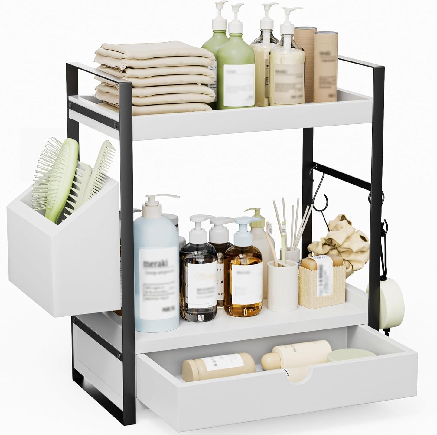 2-Tier Bathroom Counter Organizer with Drawer and Basket, Wood Countertop Organizer for Storage, Skincare Organizers for Vanity, Counter Shelf for Bathroom Organization(White-gold)
