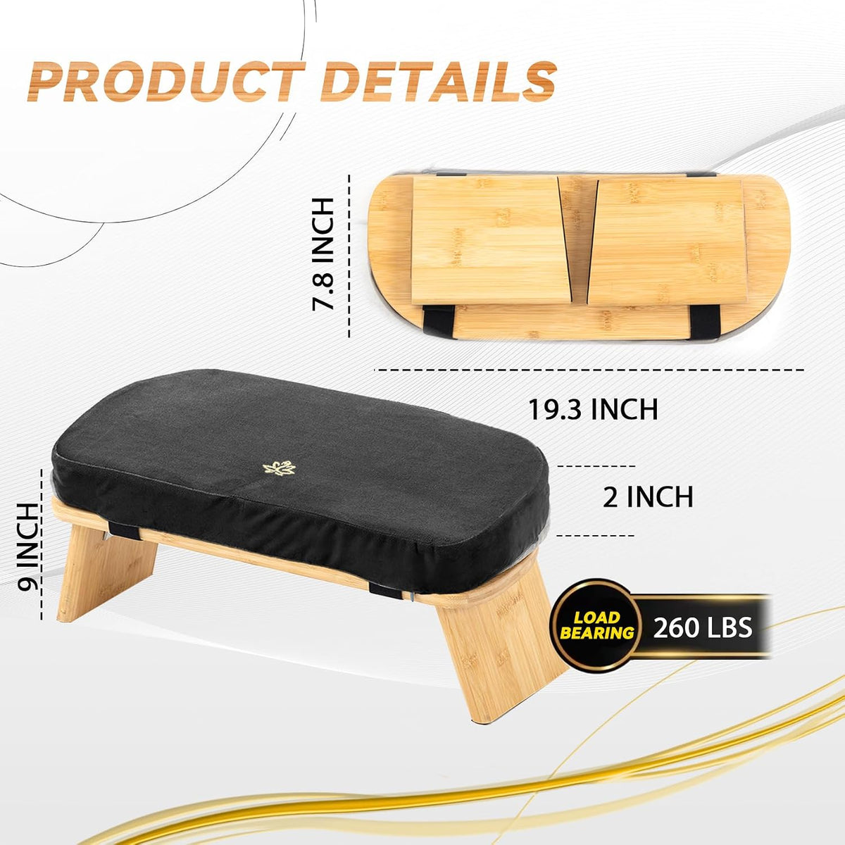 Bamboo Meditation Bench, Foldable Prayer Stool(Black & Bag)