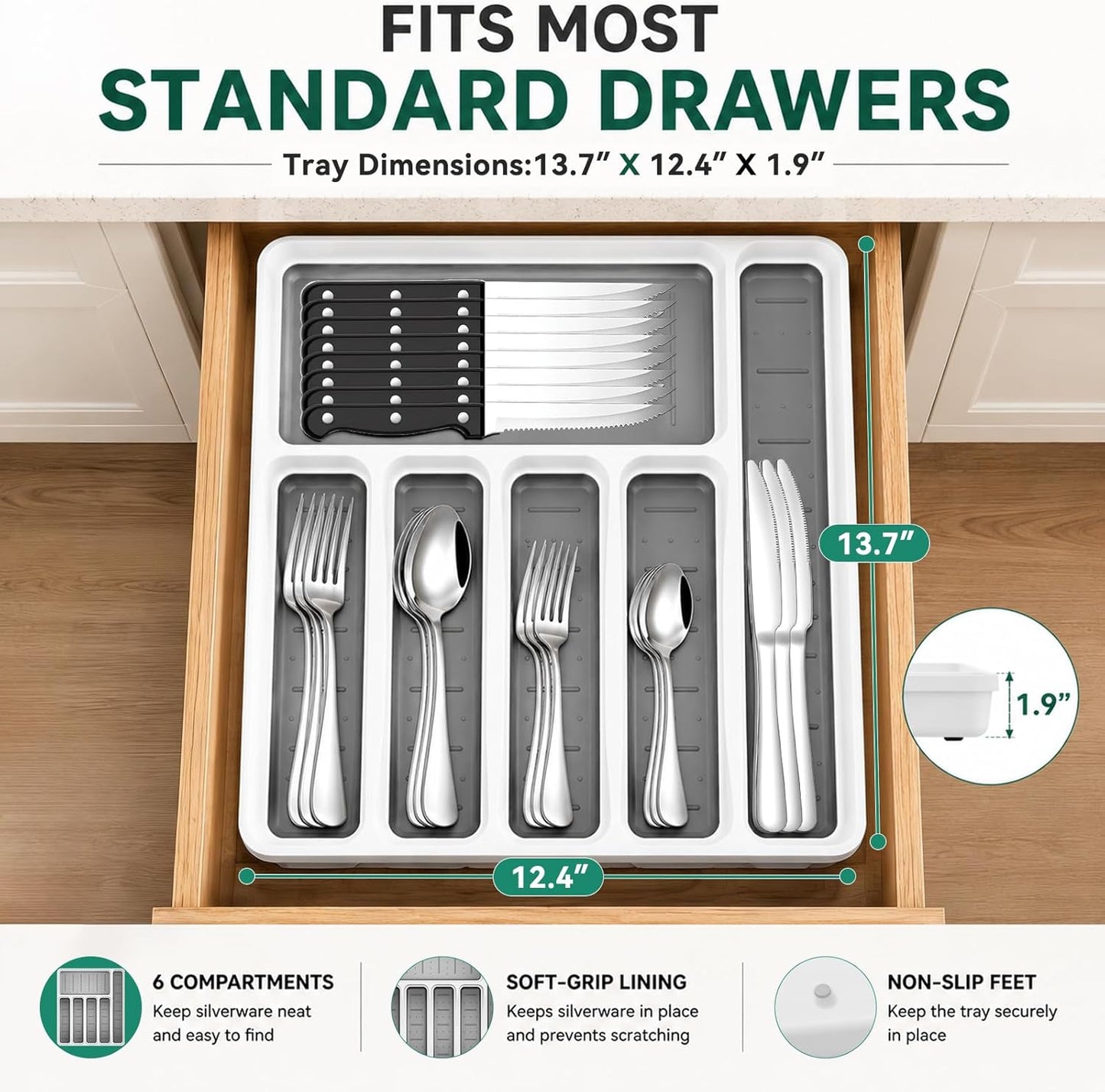 49-Piece Silverware Set with Organizer, Stainless Steel Flatware Utensils Set for 8, Forks and Spoons Silverware Set Cutlery Set with Steak Knives, Dishwasher Safe