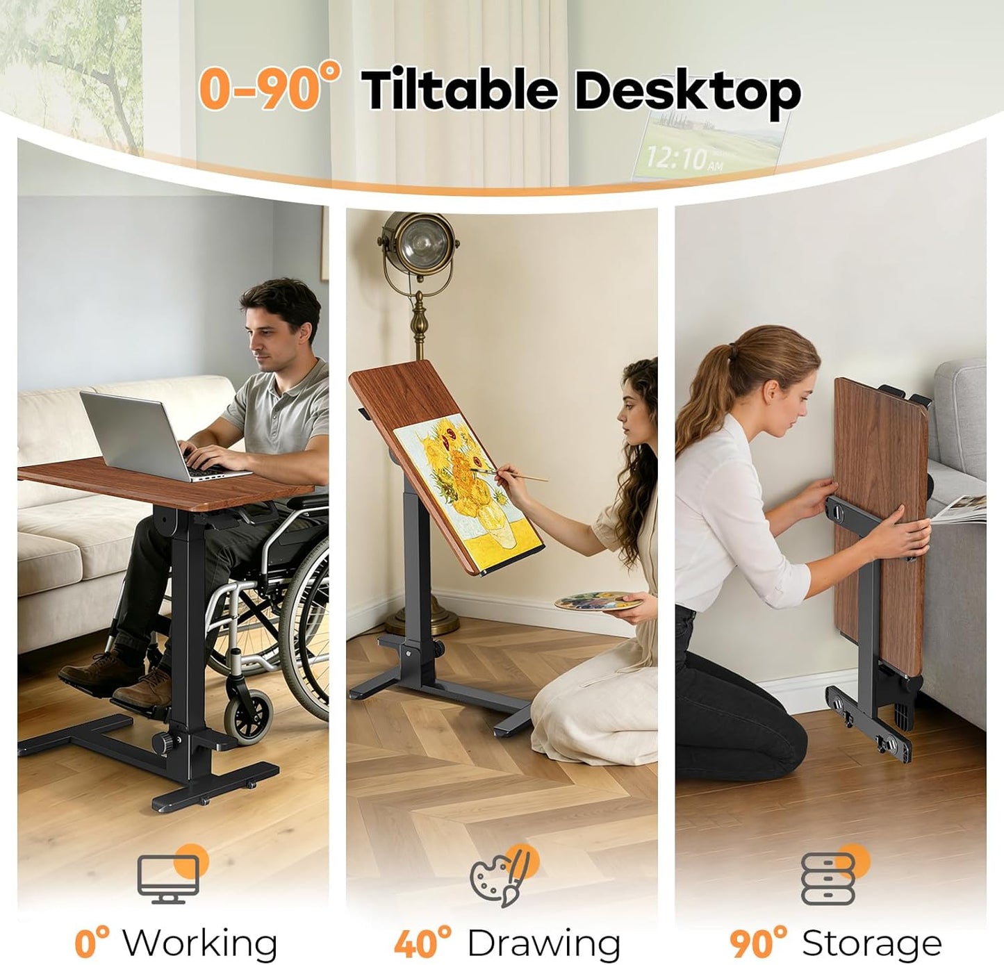 Foldable Mobile Standing Desk, 27 Inch Small Rolling Laptop Cart Height Adjustment, 90° Tiltable Bedside Table, No Assembly Needed Portable Computer Workstation, Dark Wood