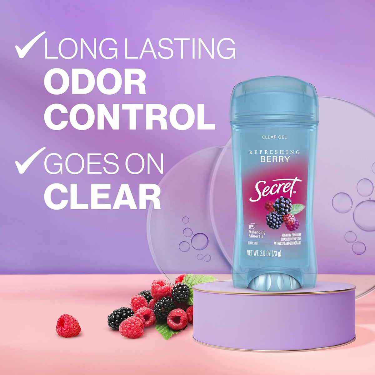 Secret Fresh Antiperspirant Deodorant for Women, 72hr Breathable Sweat & Odor Protection, Instant Freshness & Gentle, PH Balancing Minerals, Clear Gel, Refreshing Berry Scent, 2.6 oz (Pack of 2)