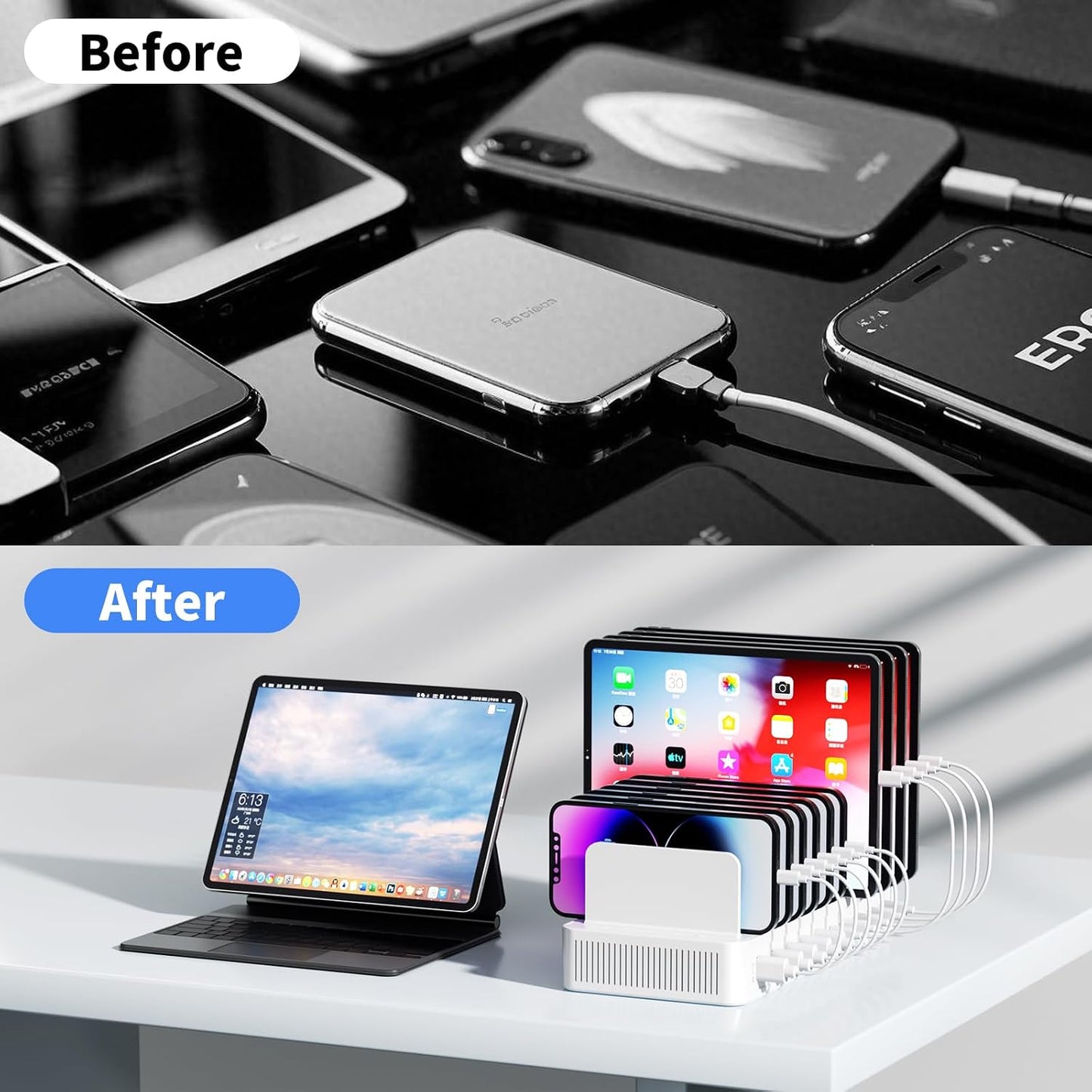 60W Charging Station for Multiple Devices, 10-Port USB Fast Charger | Device Organizer Charging Dock with 10 Mixed Charging Cable & Adjustable Dividers for iPhone, Android, iPad, Tablets & More