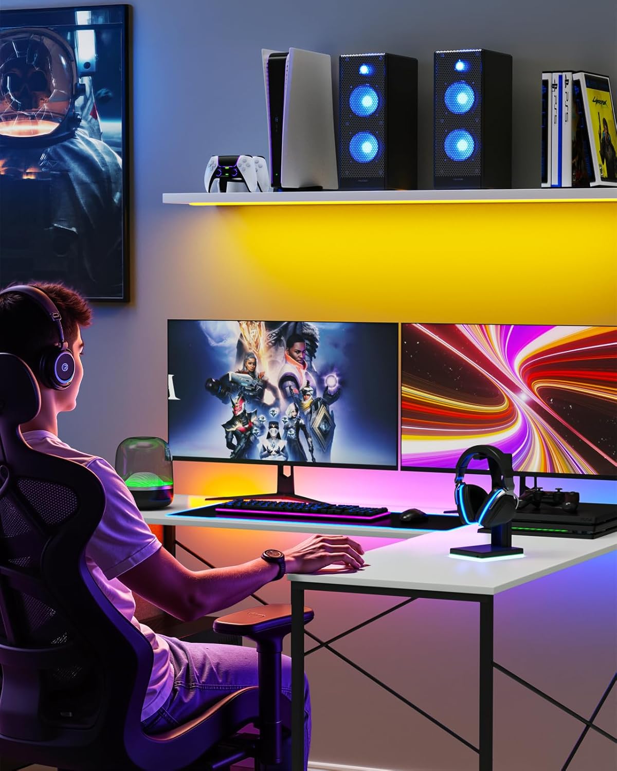 L Shaped Desk Gaming Computer 50 Inch Reversible Corner Table PC Work Table for Writing Study Student with Wood Tabletop Metal Frame CPU Stand Side Bag for Home Office Small Place