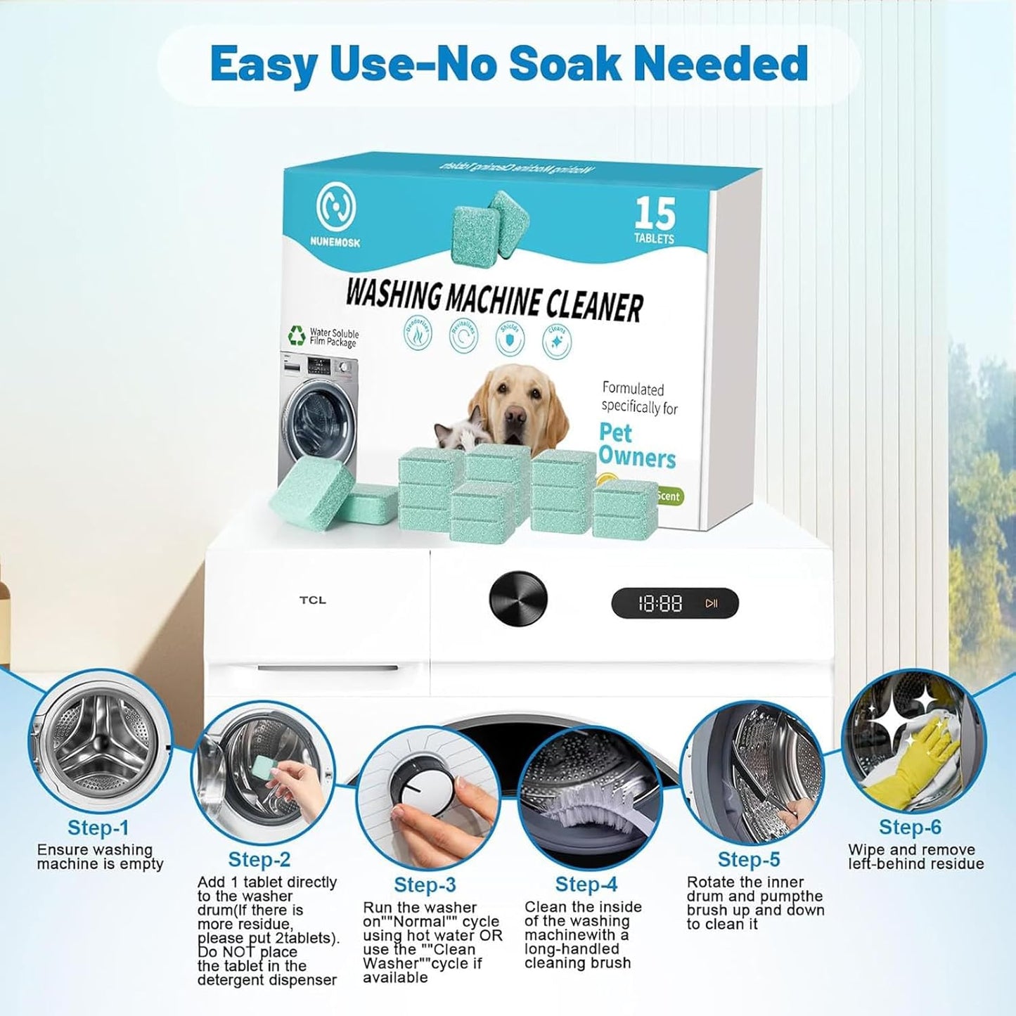 Washing Machine Cleaner, Washer Machine Cleaner Tablets 15 Pcs + Dryer Vent Cleaner Kit 12 Pack, Crevice Cleaning Brush for Bathroom, Shower & Kitchen, All-in-One Multi-Surface Scrubbing Brushes