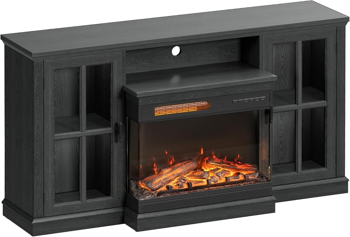 JUMMICO Fireplace TV Stand up to 65", 3-Sided Glass, Black | Entertainment Center with Cabinet Storage, Adjustable Flame and LED Colors, Media Console for Living Room
