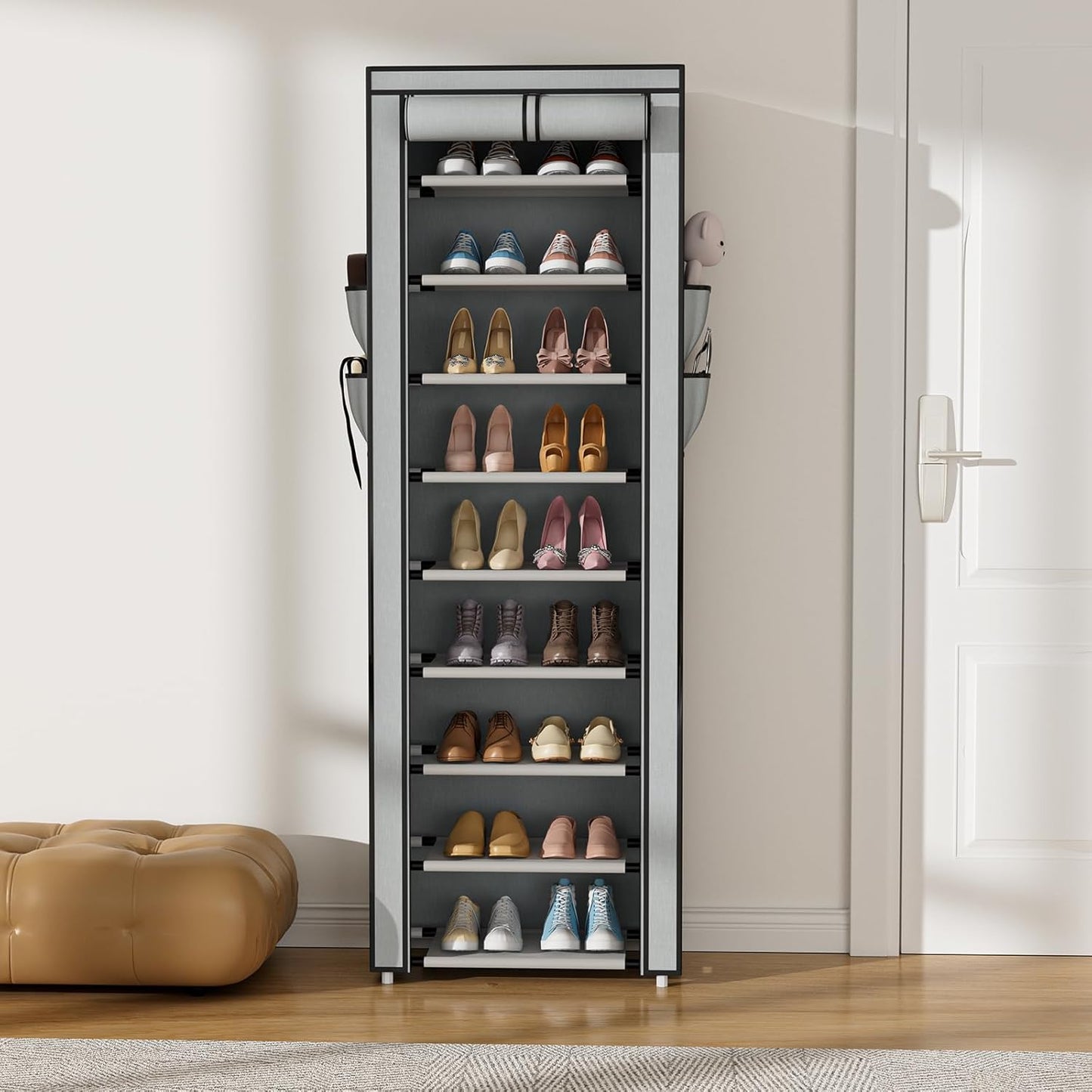 VILICK Shoe Rack with Cover Narrow Shoe Rack Organizer with 4 Side Pockets 10 Tier Tall Shoe Storage Shoe Shelf Holds 18-22 Pairs Shoes and Boots Shoe Rack for Closet, Grey