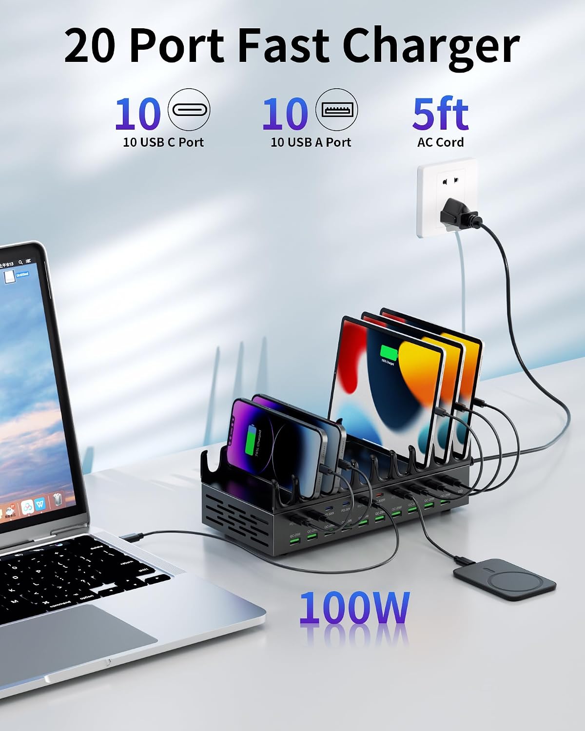 20-Port 690W Charging Station for Multiple Devices, Fast Charger Station | with Dual 100W PD PPS Port, Multi Device USB C Fast Charger Dock for MacBook Pro Laptop, iPhone, iPad, Tablet, Cell Phone