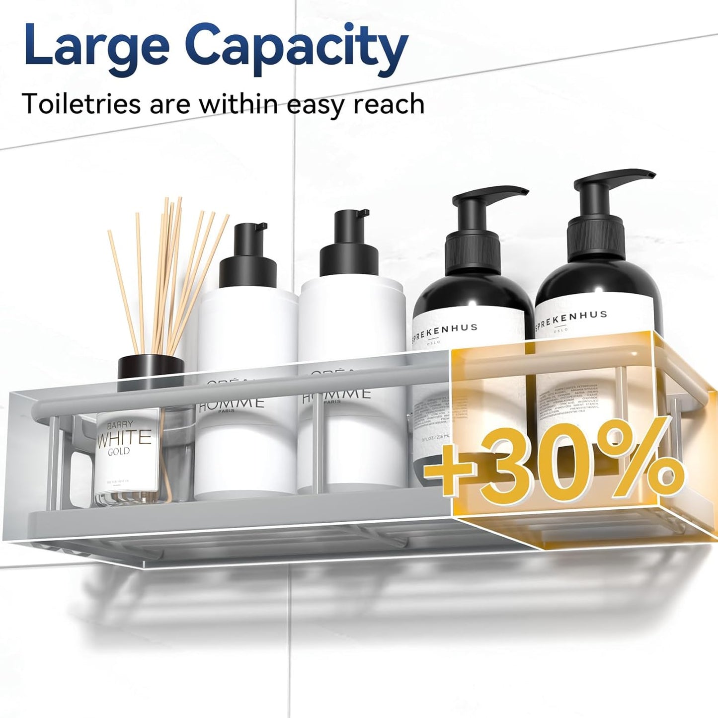 YASONIC Shower Caddy Adhesive, No Drill Bathroom Shower Organizers, with Removable Hooks, Rust Proof Shower Shelves, Wall-Mounted Shower Holder, Grey, 2 Pack