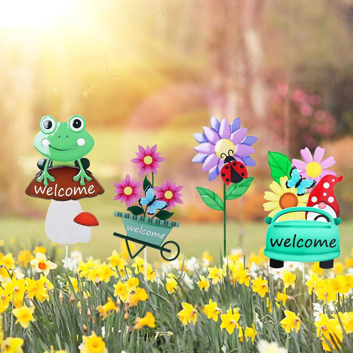 WONDER GARDEN Outdoor Garden Stakes Welcome Decor, 4Pcs Flower Yard Signs