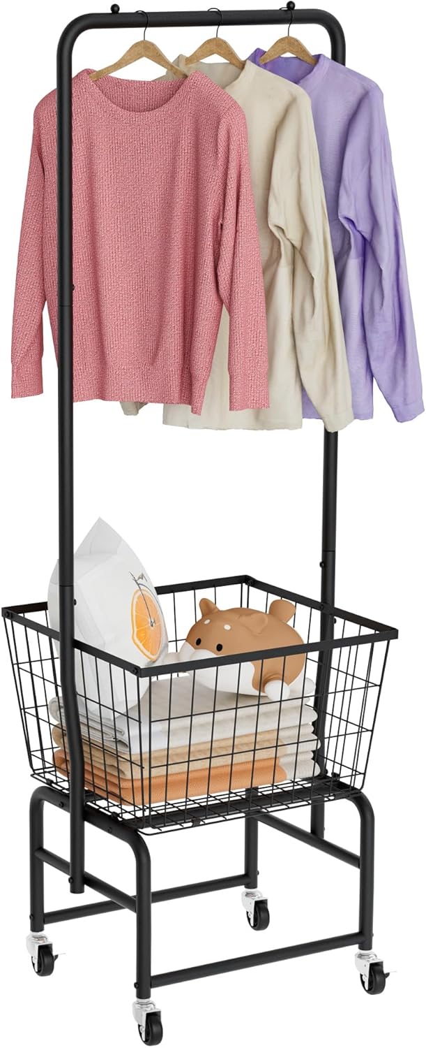 Rolling Laundry Cart with Wheels, Laundry Hamper Basket Organizer with Clothes Hanging Rack, Wire Storage Cloth Shelf Butler, Black