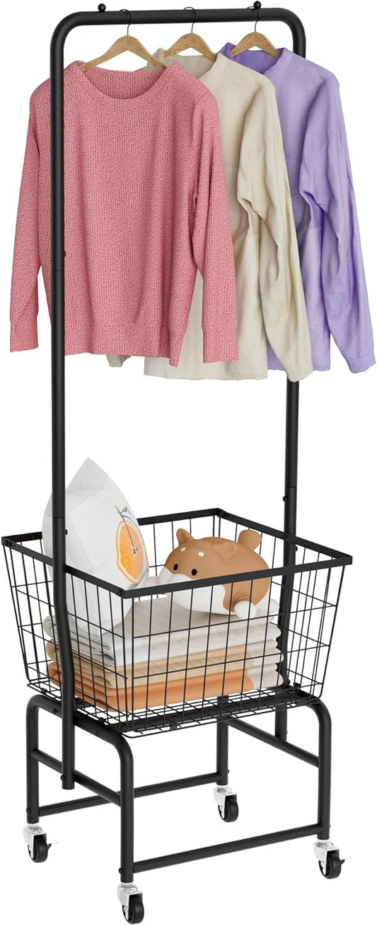 Rolling Laundry Cart with Wheels, Laundry Hamper Basket Organizer with Clothes Hanging Rack, Wire Storage Cloth Shelf Butler, Black